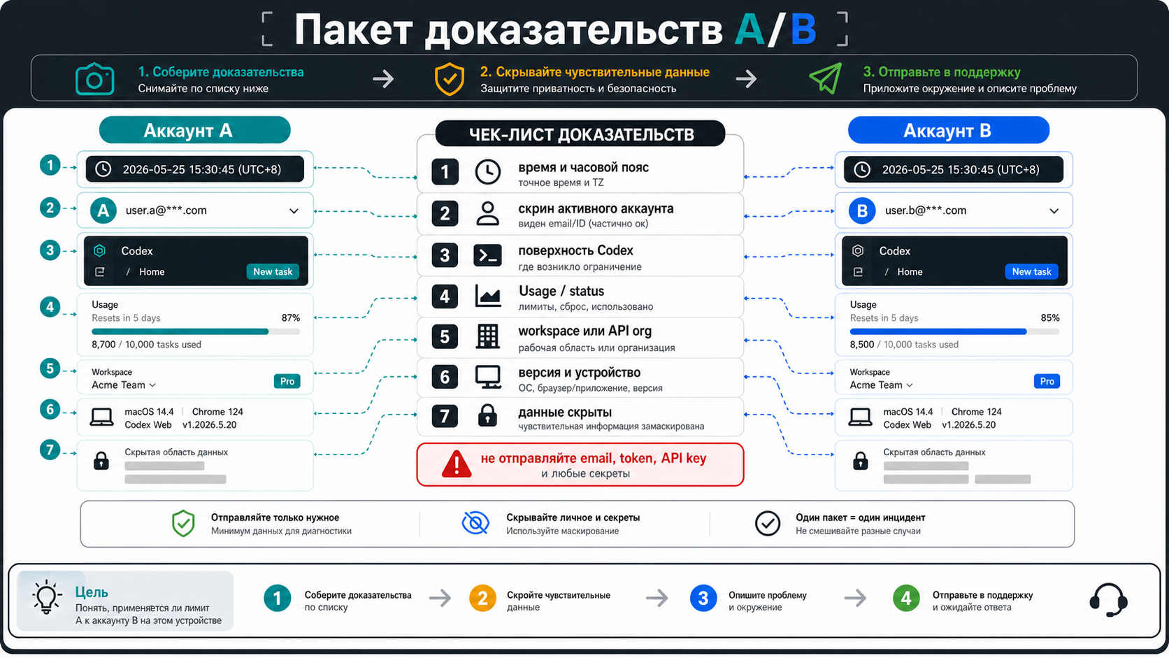 Пакет доказательств A/B для проверки, наследует ли второй аккаунт лимит Codex на той же машине.