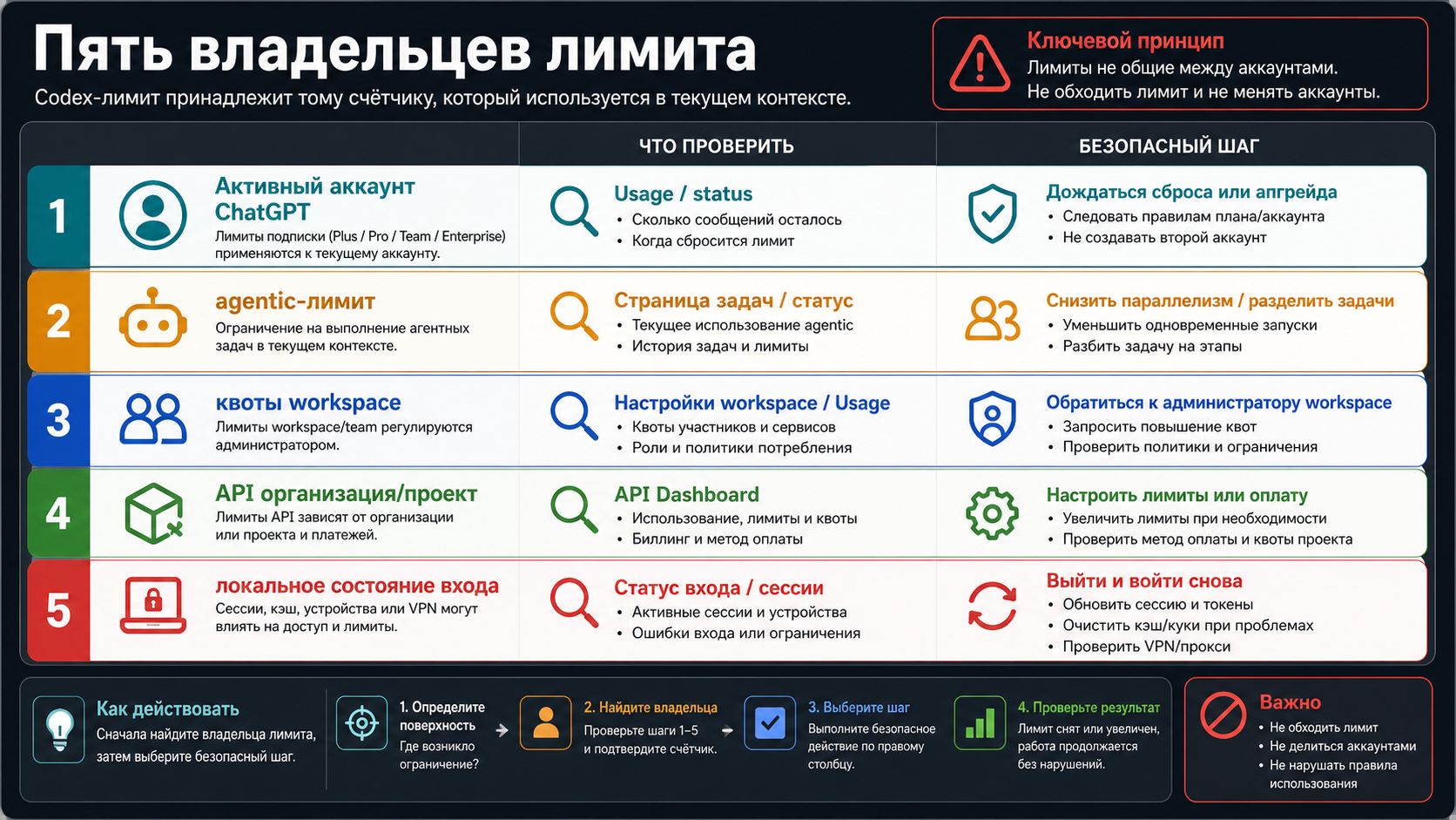 Пять владельцев лимита Codex: активный аккаунт ChatGPT, agentic-лимит, квоты workspace, API организация/проект и локальный вход.