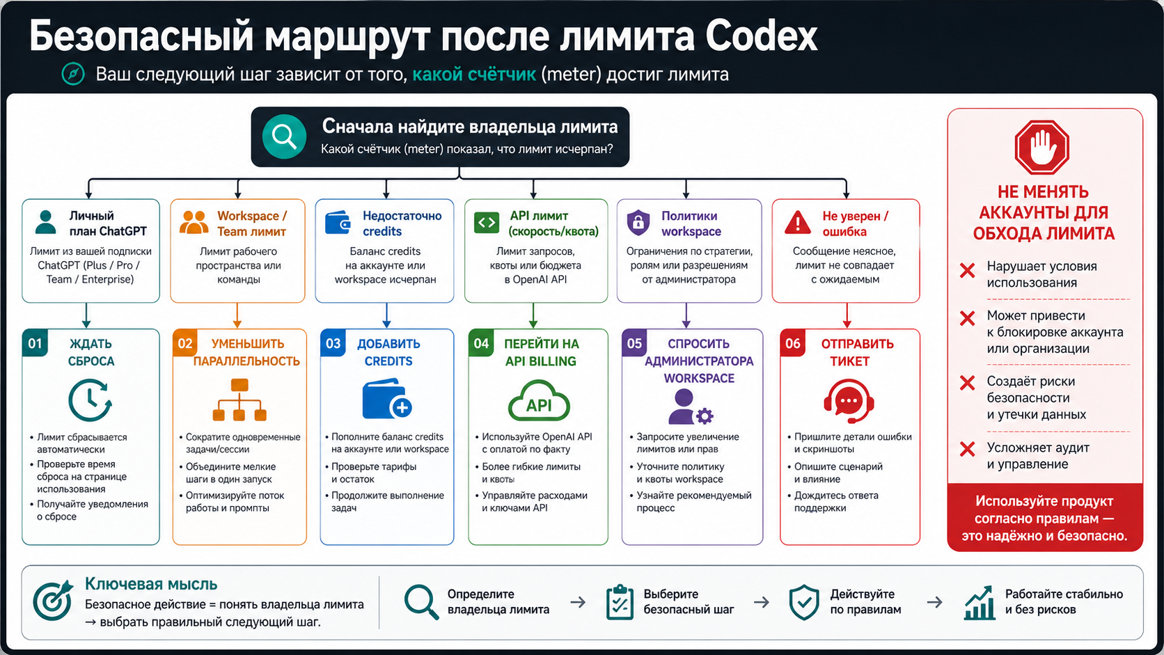 Дерево безопасных действий после лимита Codex: ждать сброса, уменьшить параллельность, добавить credits, перейти на API billing, спросить администратора workspace или отправить тикет.