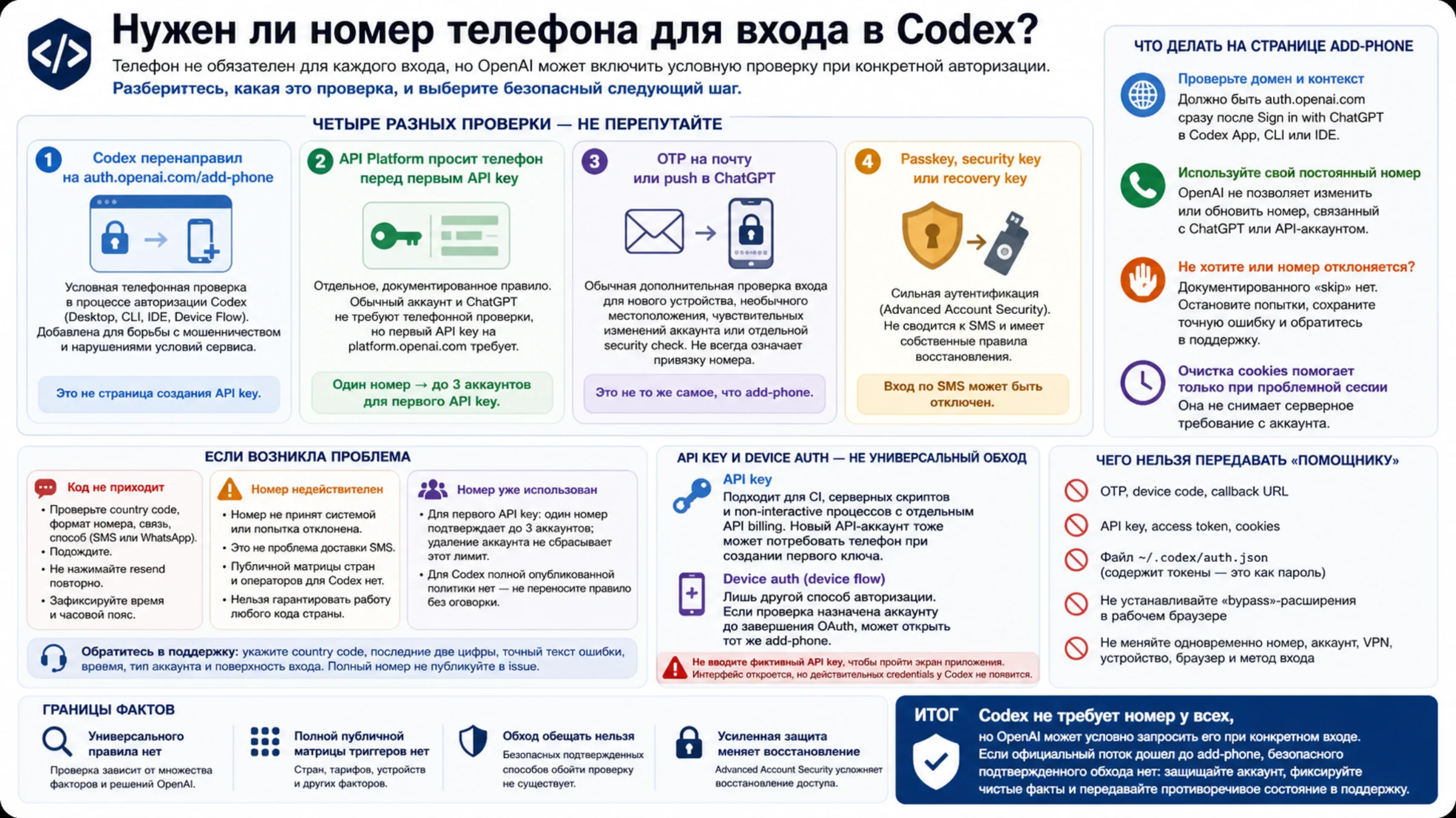 Карта видов проверки телефона при входе в Codex и безопасных следующих шагов