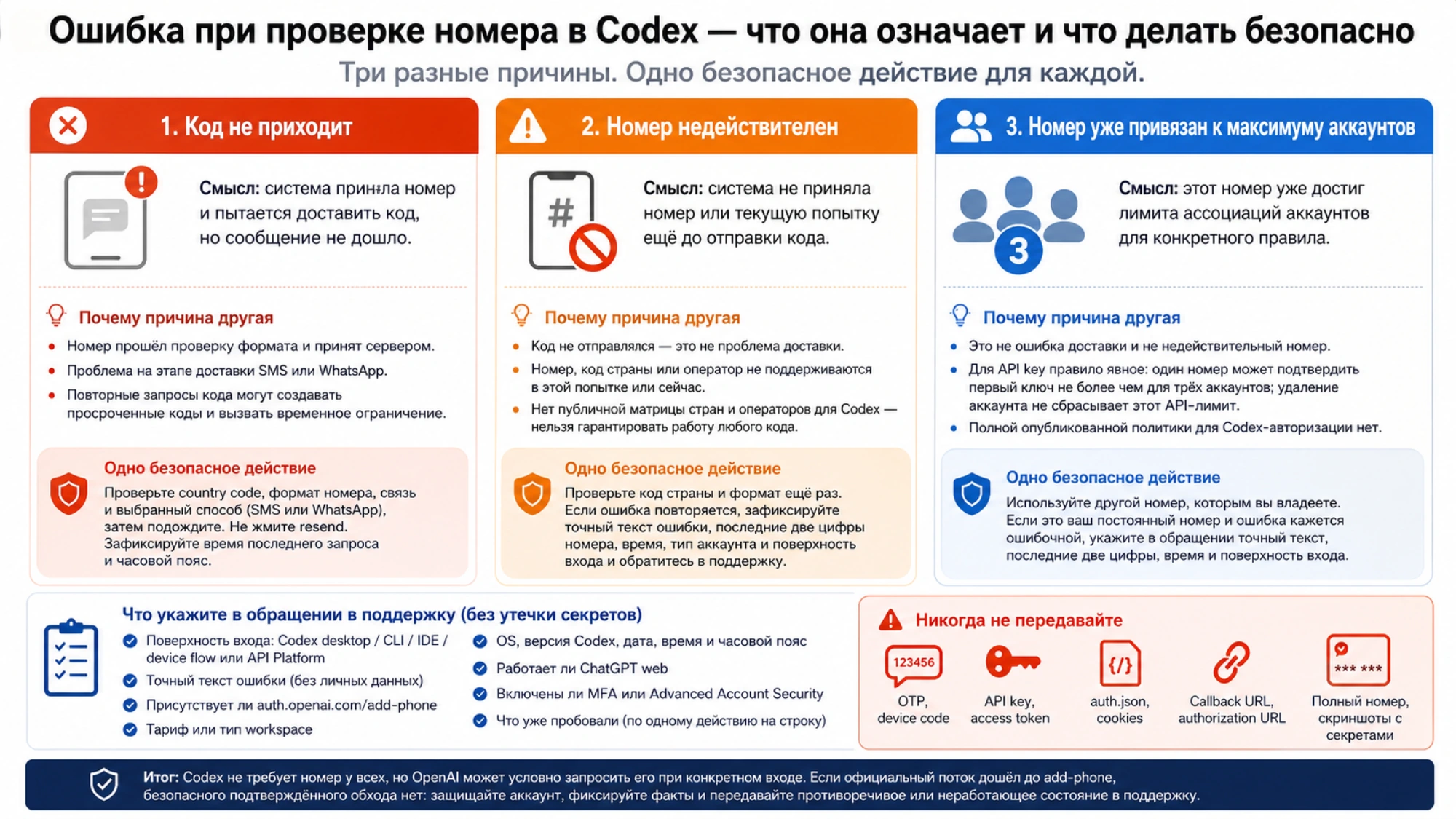 Различия между недоставленным кодом, недействительным номером и лимитом связанных аккаунтов в Codex