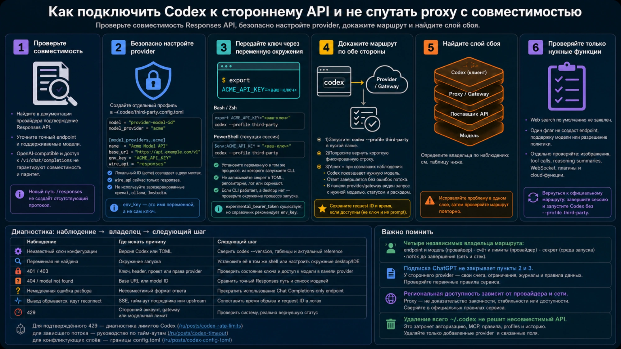 Шесть шагов проверки совместимости, безопасной настройки provider, доказательства маршрута, диагностики и отката