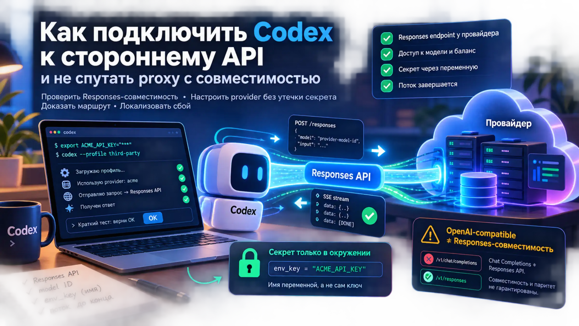 Codex проверяет Responses-маршрут к стороннему API и передаёт секрет через переменную окружения