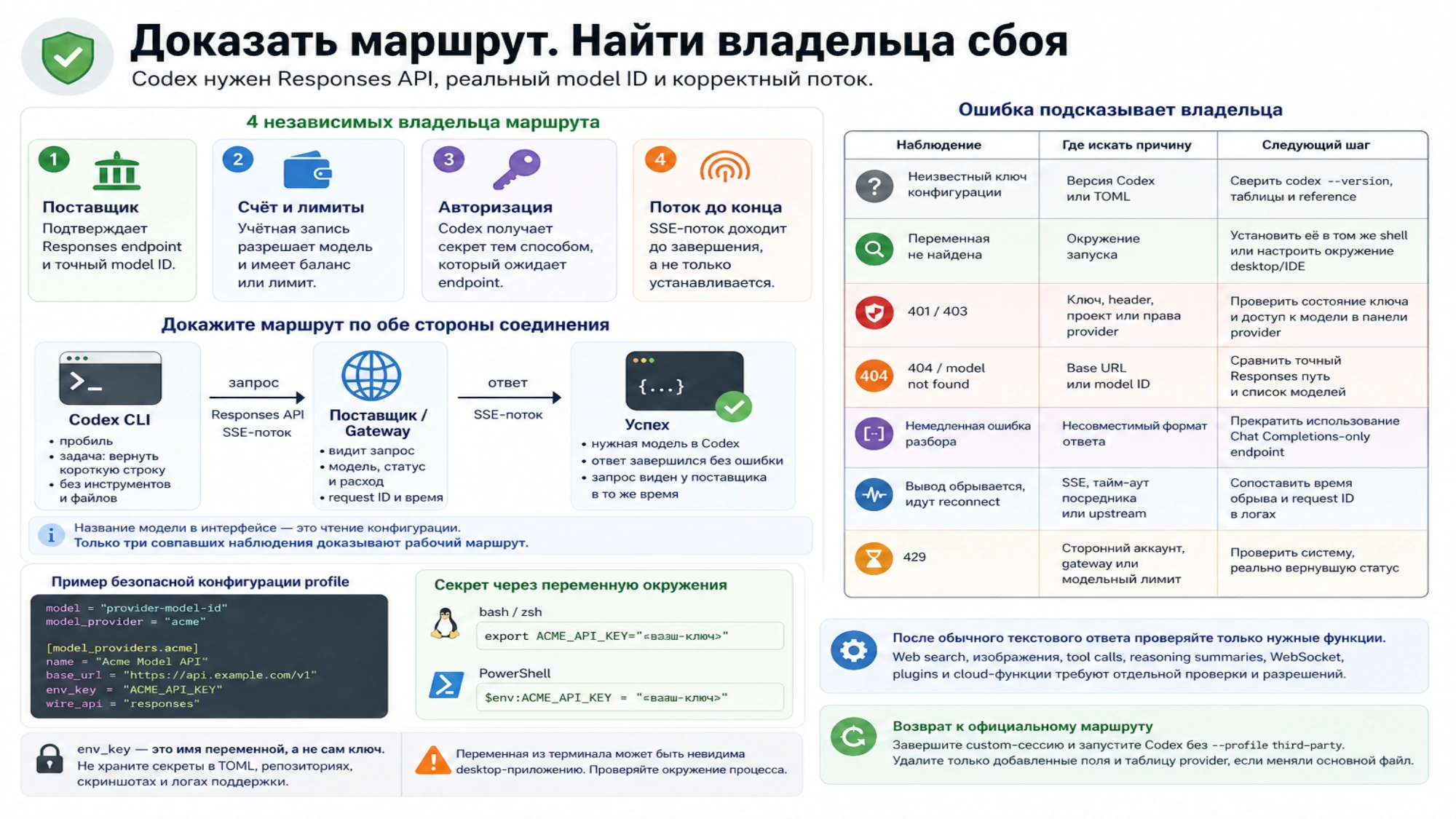 Доказательство маршрута по данным Codex и provider с таблицей владельцев ошибок