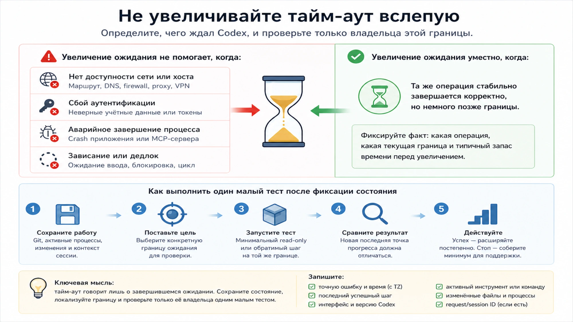 Ограниченный тест восстановления Codex: не увеличивать тайм-аут вслепую, менять одну переменную и фиксировать результат