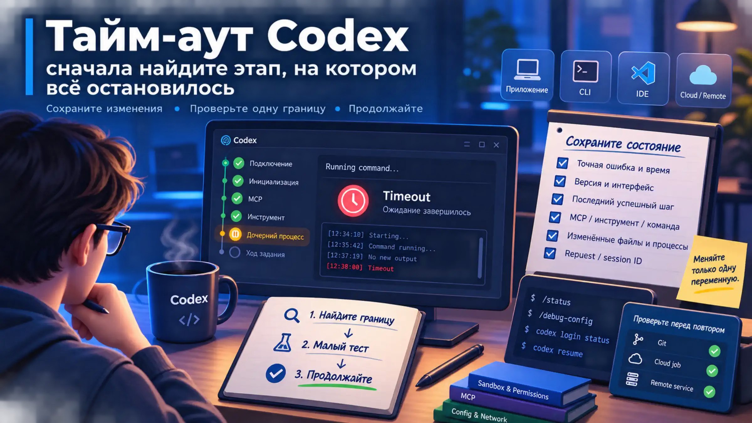 Разработчик определяет этап тайм-аута Codex, сохраняет состояние и готовит один ограниченный тест перед продолжением