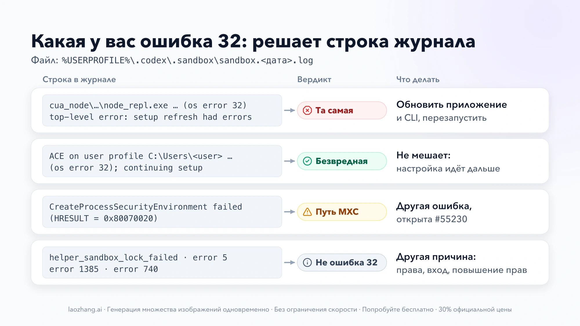 Четыре строки журнала песочницы Codex и вердикт по каждой: ошибка 32 на node_repl.exe в cua_node — обновить приложение и CLI; ошибка 32 на профиле пользователя с continuing setup — безвредна; 0x80070020 — путь MXC; error 5, 1385 и 740 — другая причина