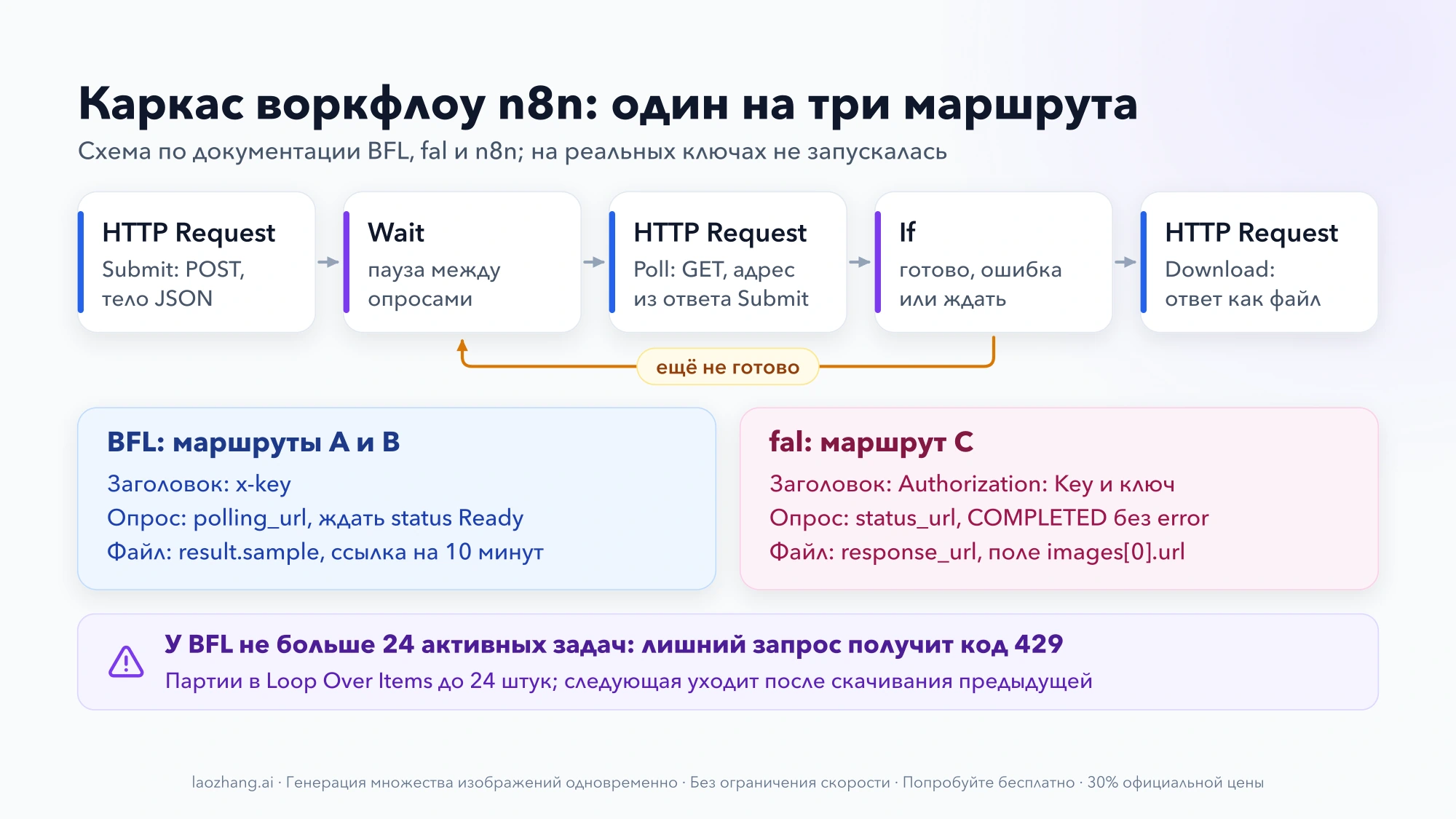 Каркас воркфлоу n8n: HTTP Request Submit, Wait, HTTP Request Poll, If и HTTP Request Download с возвратом в Wait, отличия заголовков и полей у BFL и fal, лимит 24 активных задач