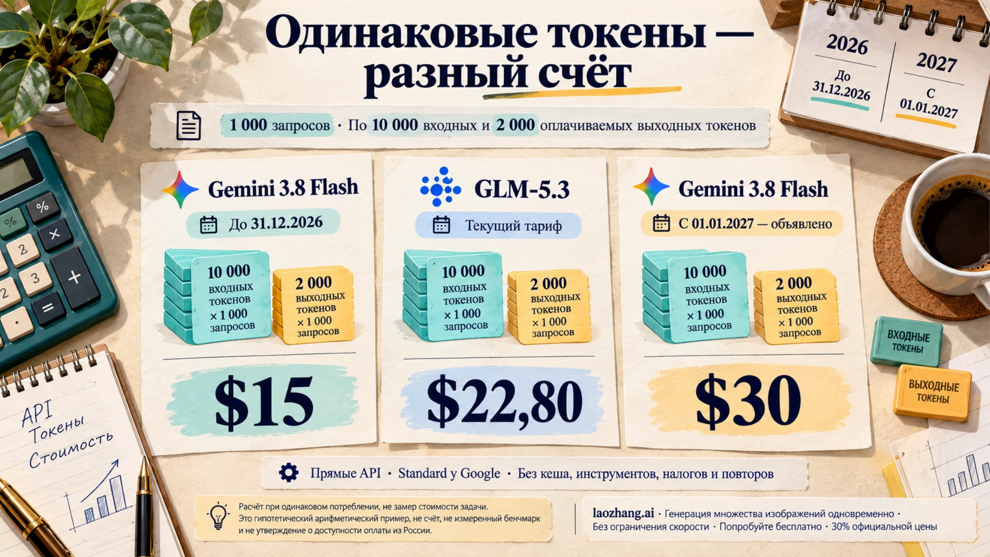 Сравнение стоимости одинакового объёма запросов к Gemini 3.8 Flash и GLM-5.3