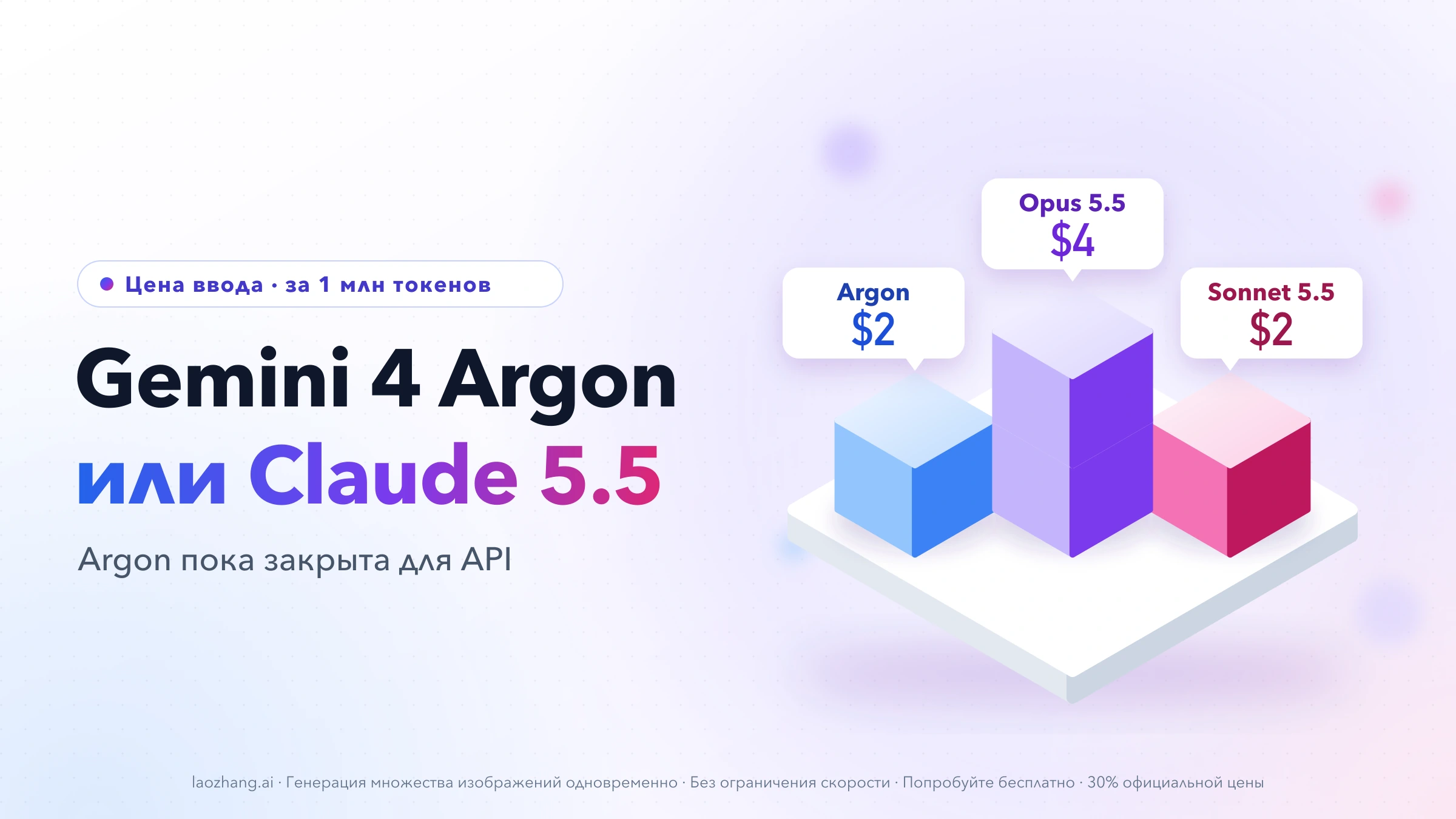 Три столбика на платформе: Argon и Sonnet 5.5 по $2 за ввод, Opus 5.5 вдвое выше — $4 за 1 млн токенов
