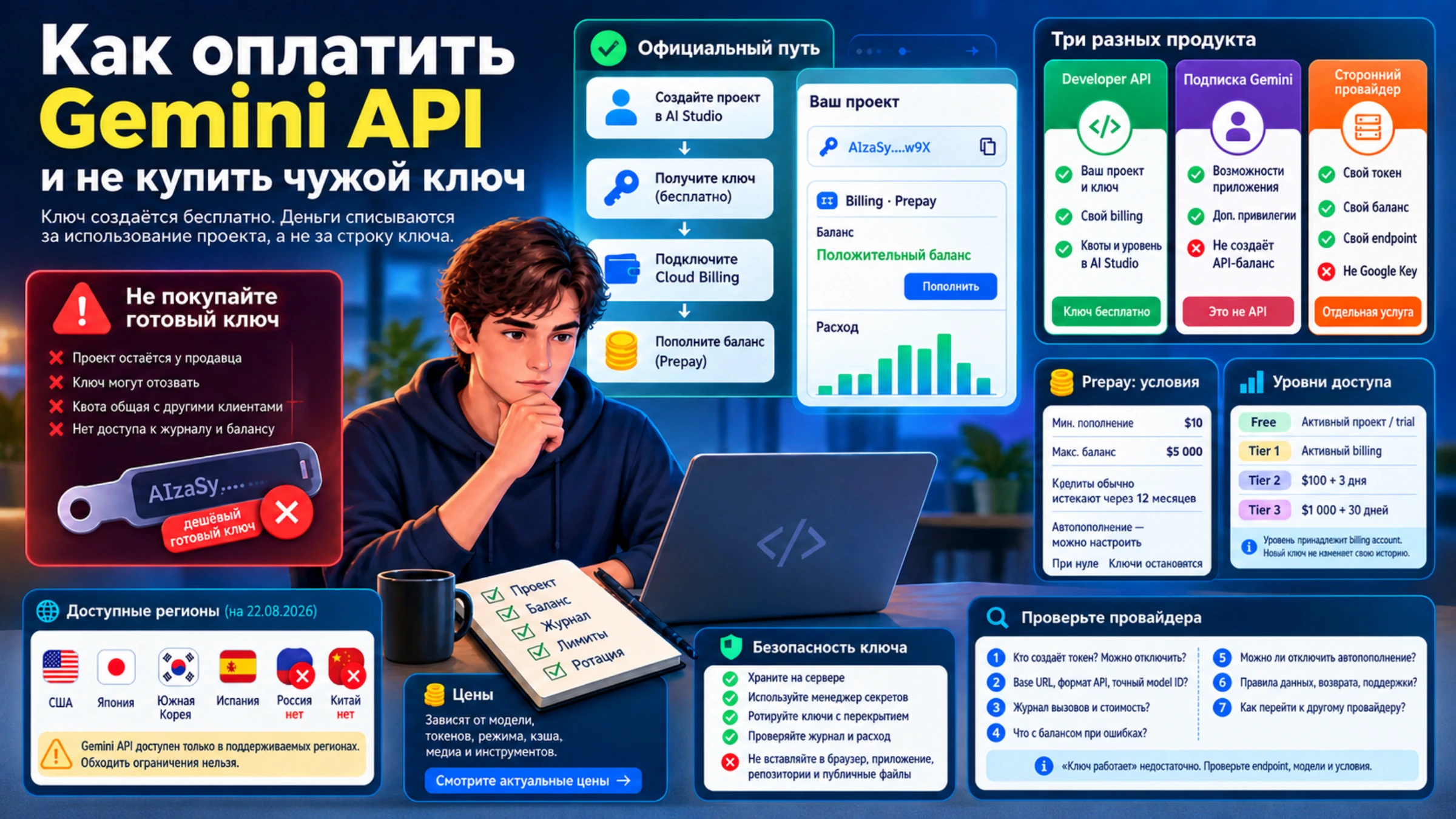 Как безопасно оплатить Gemini API: официальный путь, продукты, Prepay, Tier, регионы и проверка провайдера