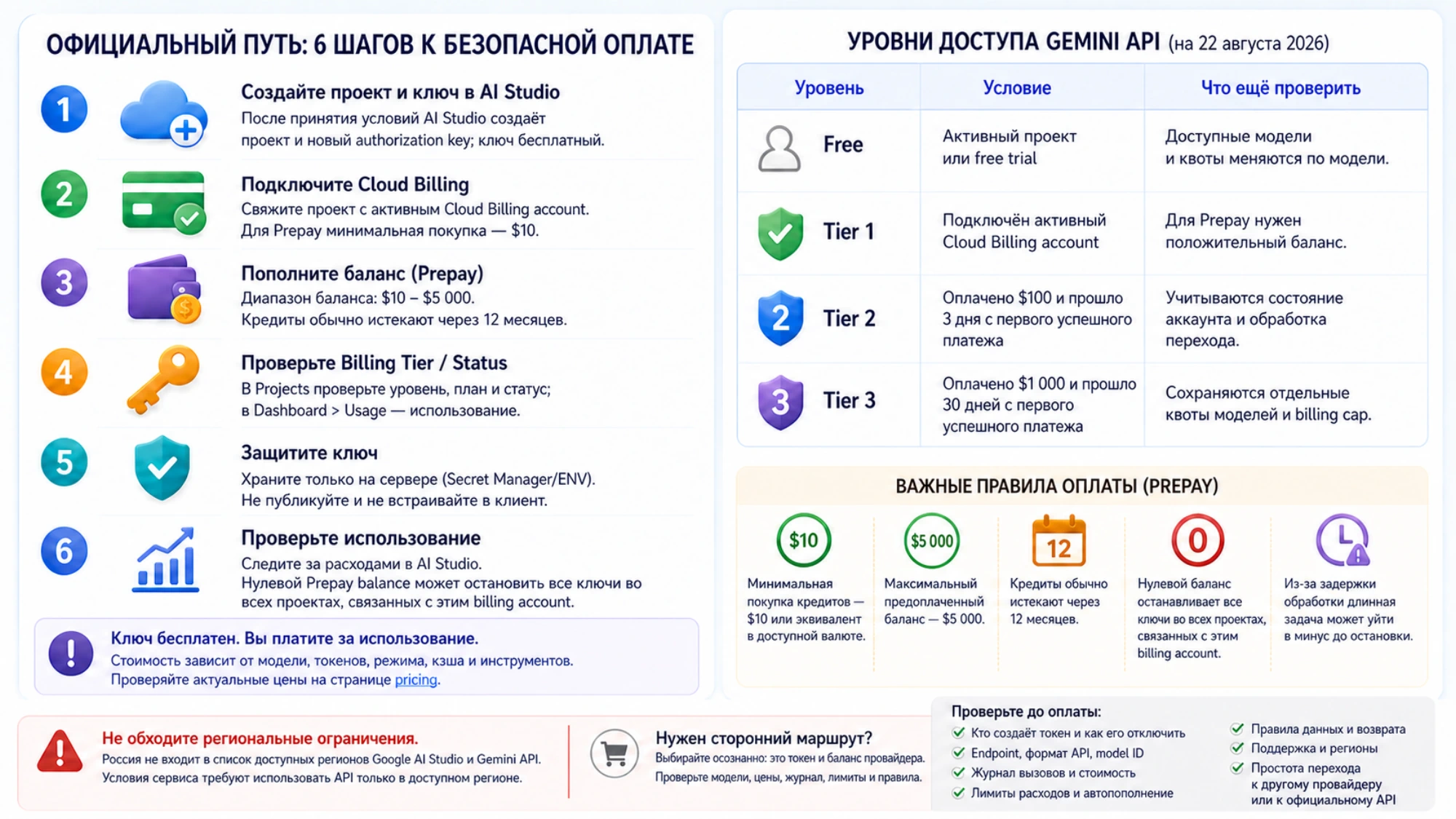 Официальный шестишаговый путь Gemini API от проекта и ключа до Cloud Billing, Prepay, статуса, безопасности и контроля использования