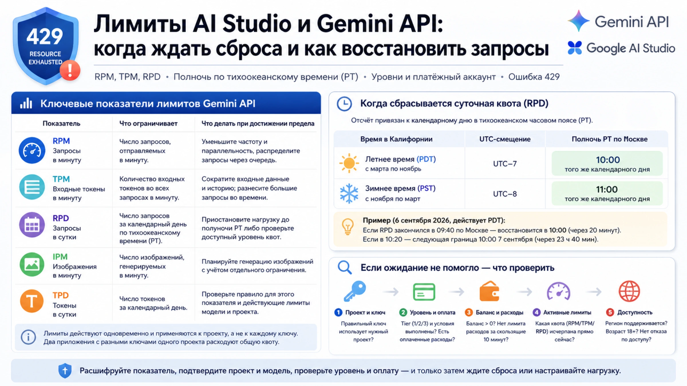 Лимиты Gemini API, время сброса RPD по Москве и проверки проекта, оплаты и доступа при ошибке 429