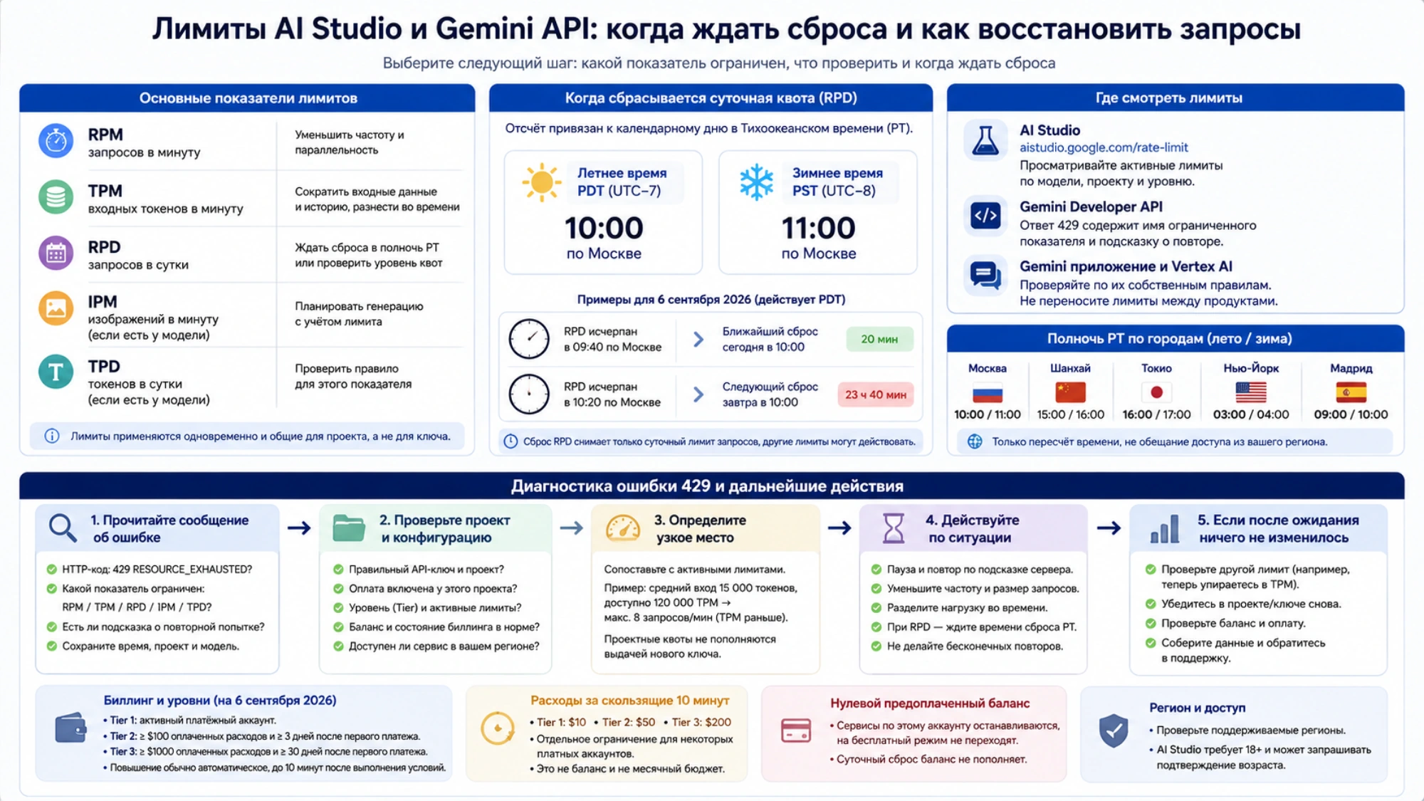 Схема диагностики ошибки 429 с проверкой проекта, квот и оплаты; уточнения к времени и полям ответа приведены ниже