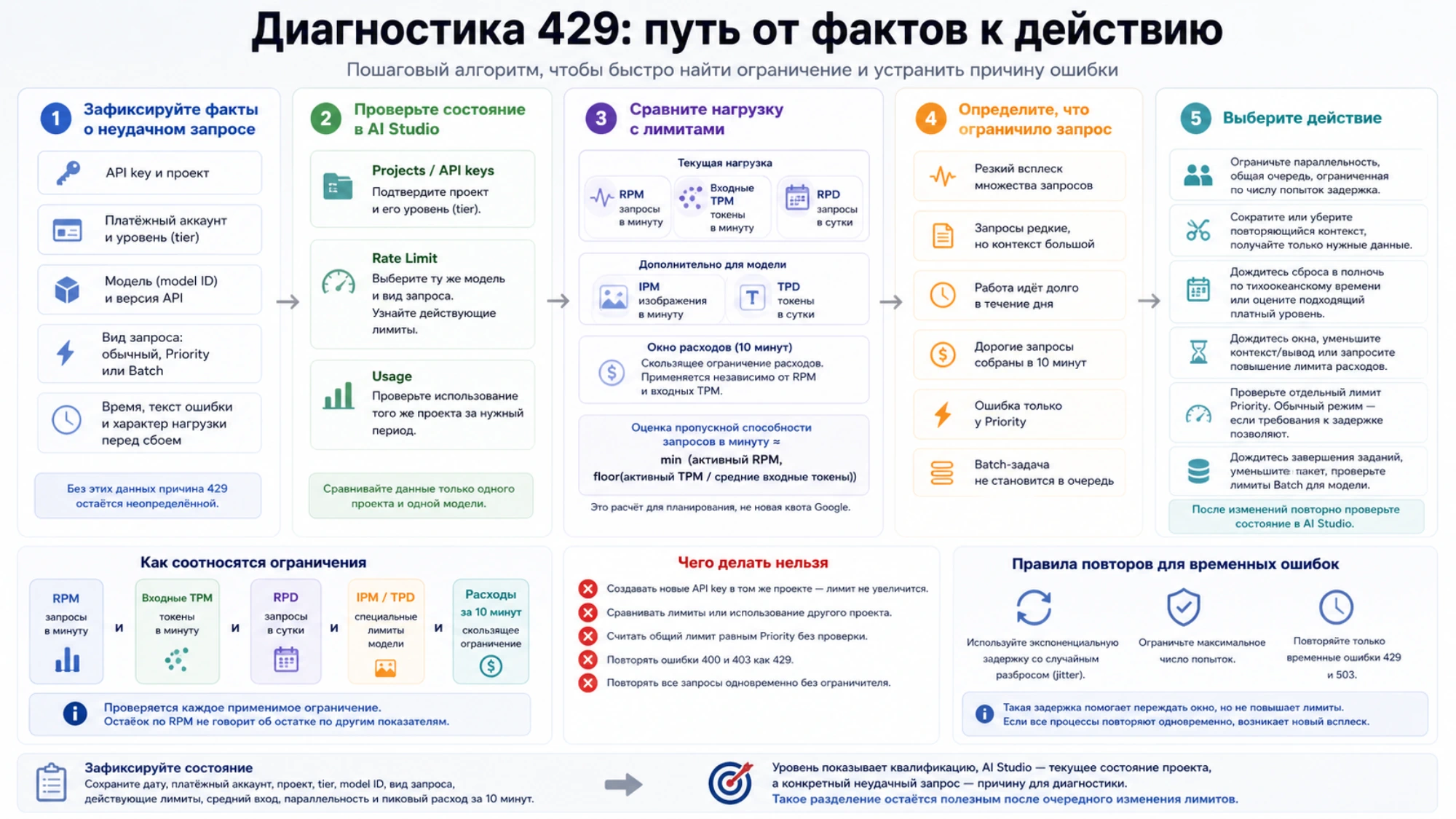 Пошаговая диагностика 429 в Gemini API от данных запроса и AI Studio до ограничения и правильного действия