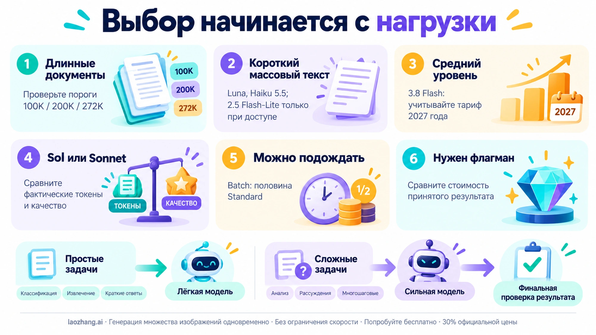 Шесть условий выбора API Gemini, OpenAI или Claude: длинный промпт, массовые запросы, средний уровень, Sol или Sonnet, Batch и флагман