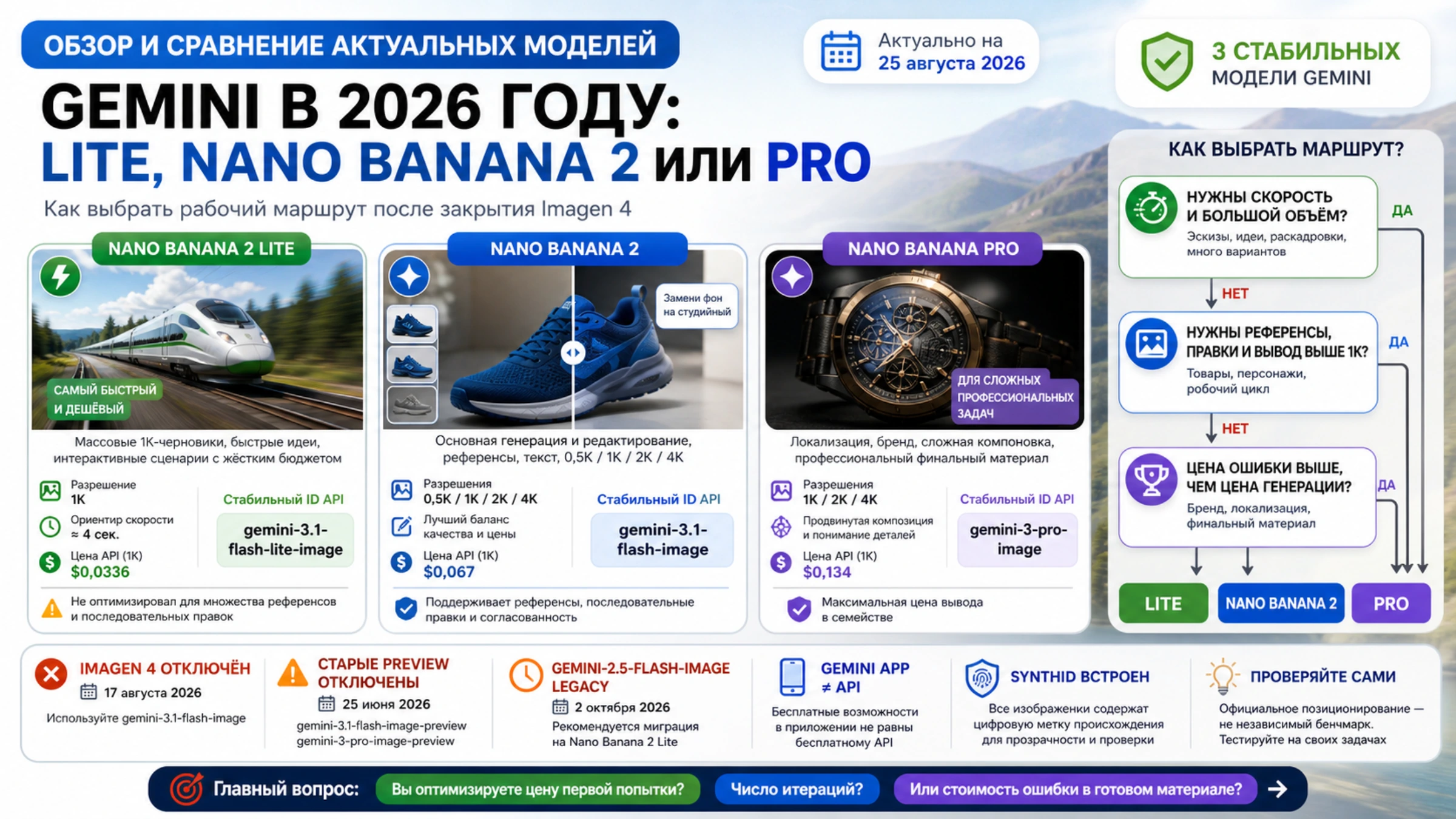 Три стабильных маршрута моделей изображений Gemini в 2026 году: Lite, Nano Banana 2 и Pro