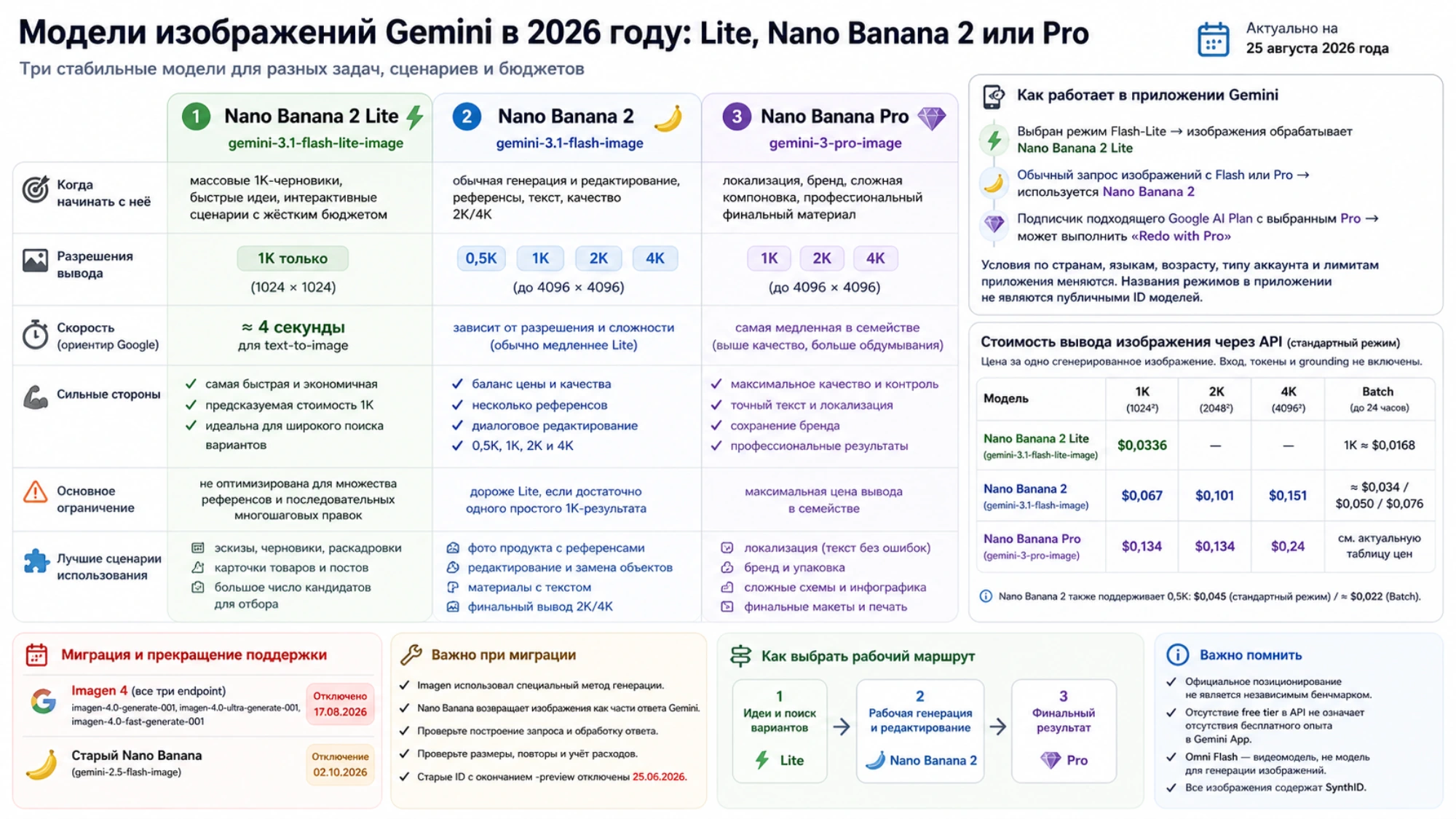 Сравнение трёх стабильных моделей Gemini по API ID, разрешениям, ценам, маршрутам приложения и срокам миграции