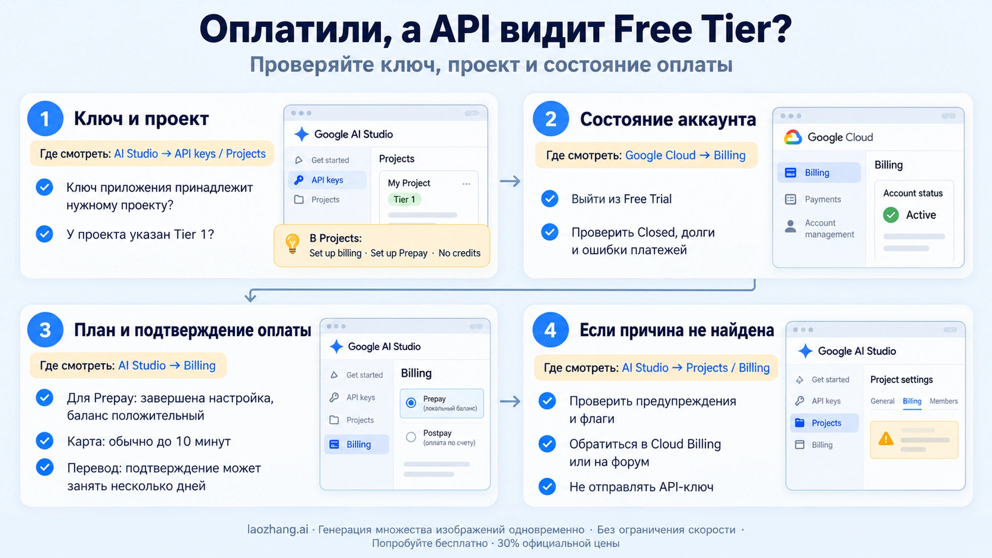Порядок проверки: ключ API, проект ключа и платежный аккаунт, затем время после оплаты, Workspace, флаг или сбой