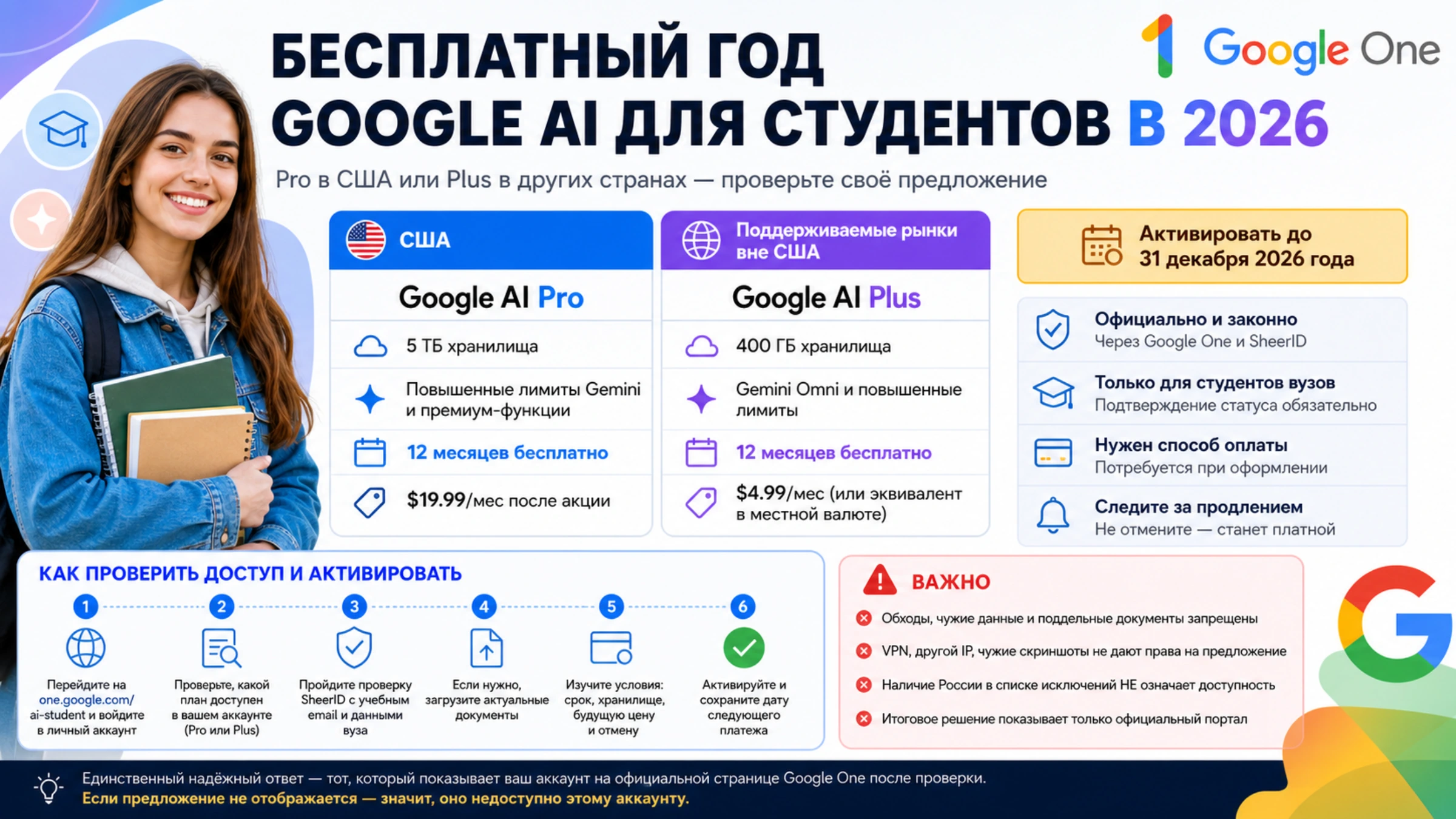 Русскоязычный обзор студенческой акции Google 2026 с сравнением AI Pro в США и AI Plus в поддерживаемых странах