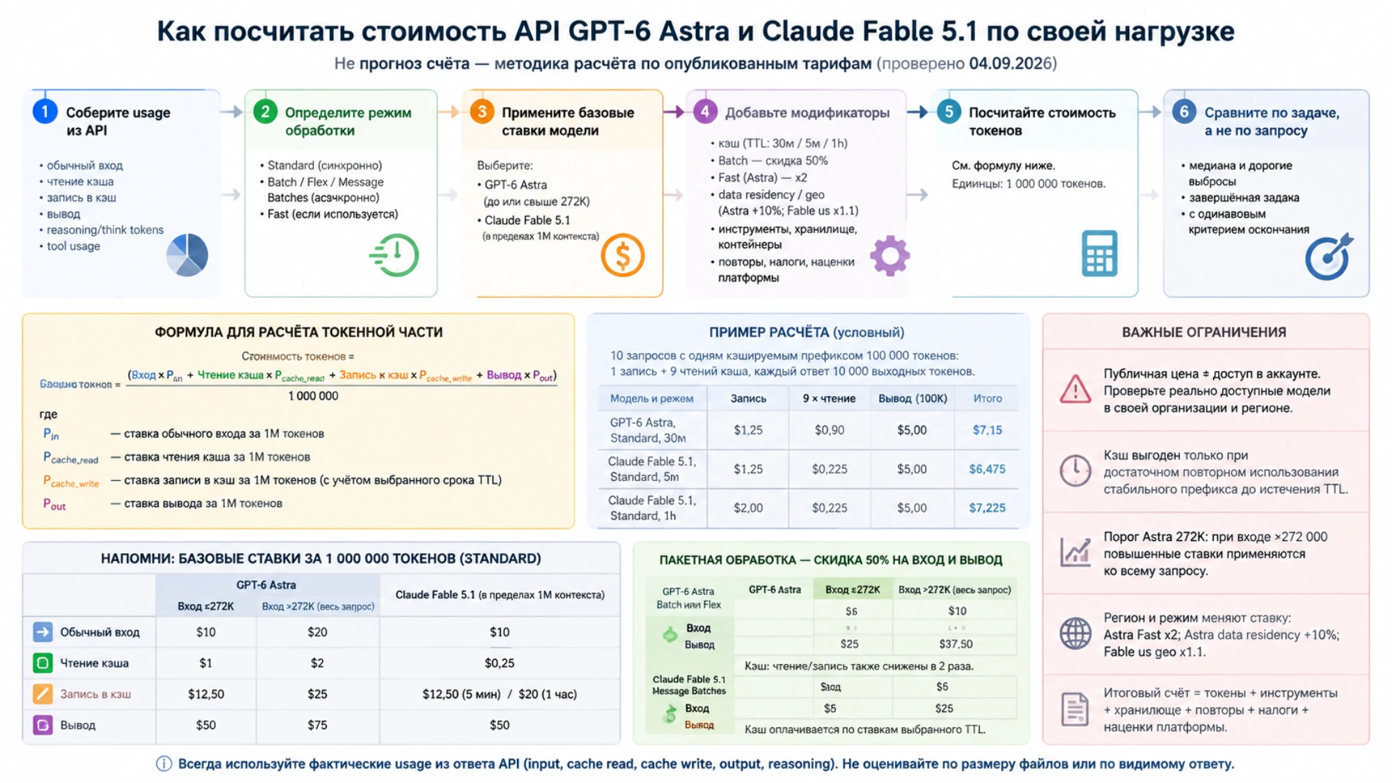 Шесть шагов расчёта стоимости API по данным об использовании, режиму обработки, ставкам и дополнительным коэффициентам
