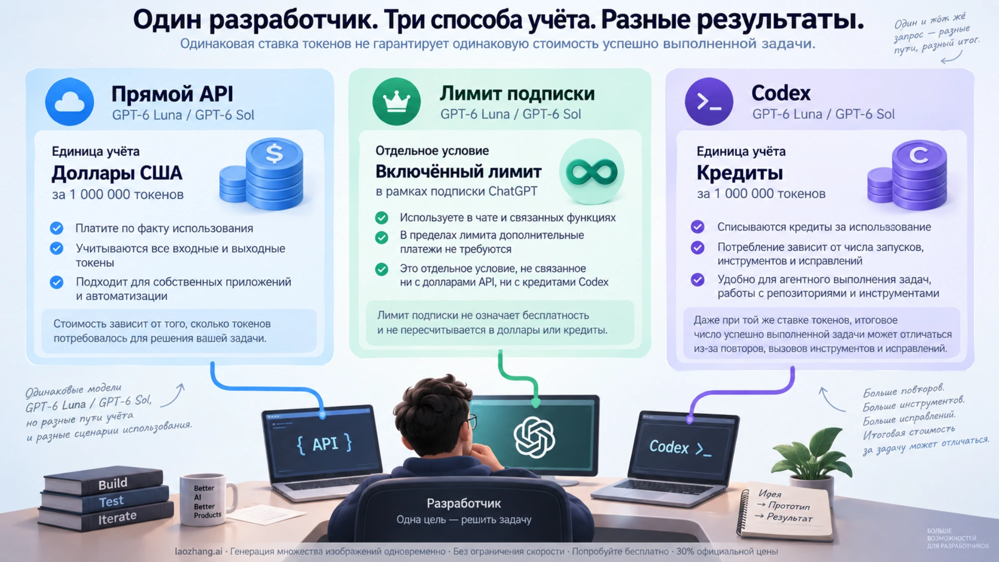 Три отдельных способа учёта: доллары API, лимит подписки и кредиты Codex