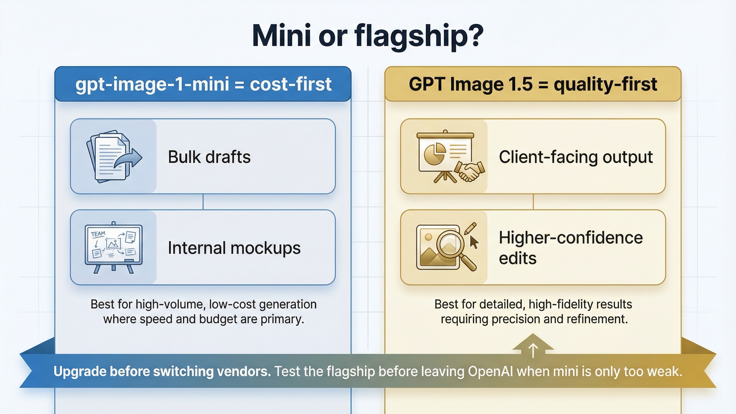 Двухполосная схема, показывающая, когда gpt-image-1-mini подходит как cost-first вариант, а когда GPT Image 1.5 нужен как quality-first апгрейд