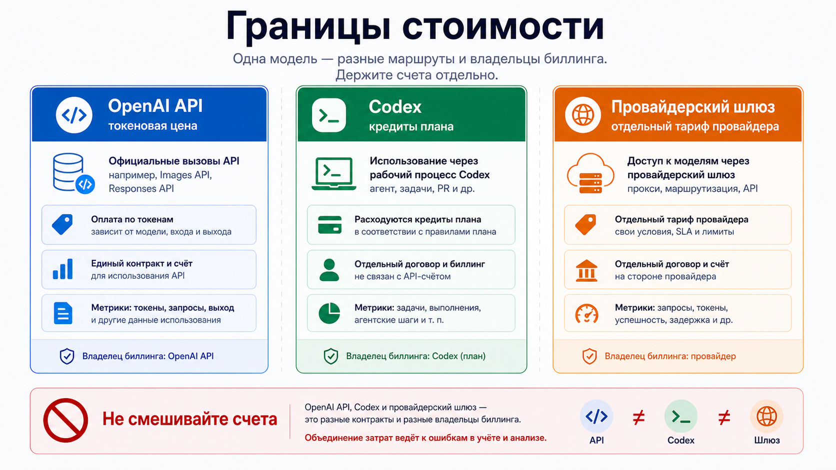 Граница оплаты: OpenAI API pricing, Codex credits и provider rates в разных колонках.