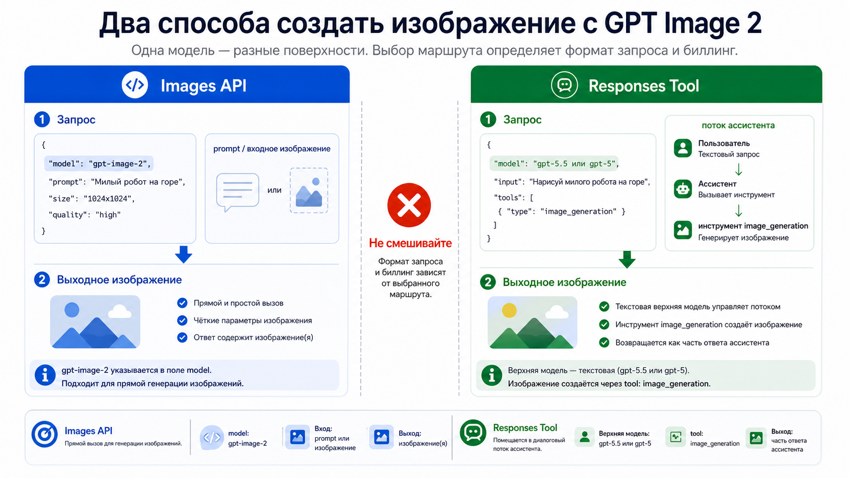 Карта request shape: прямой Images API отдельно от Responses image_generation tool.