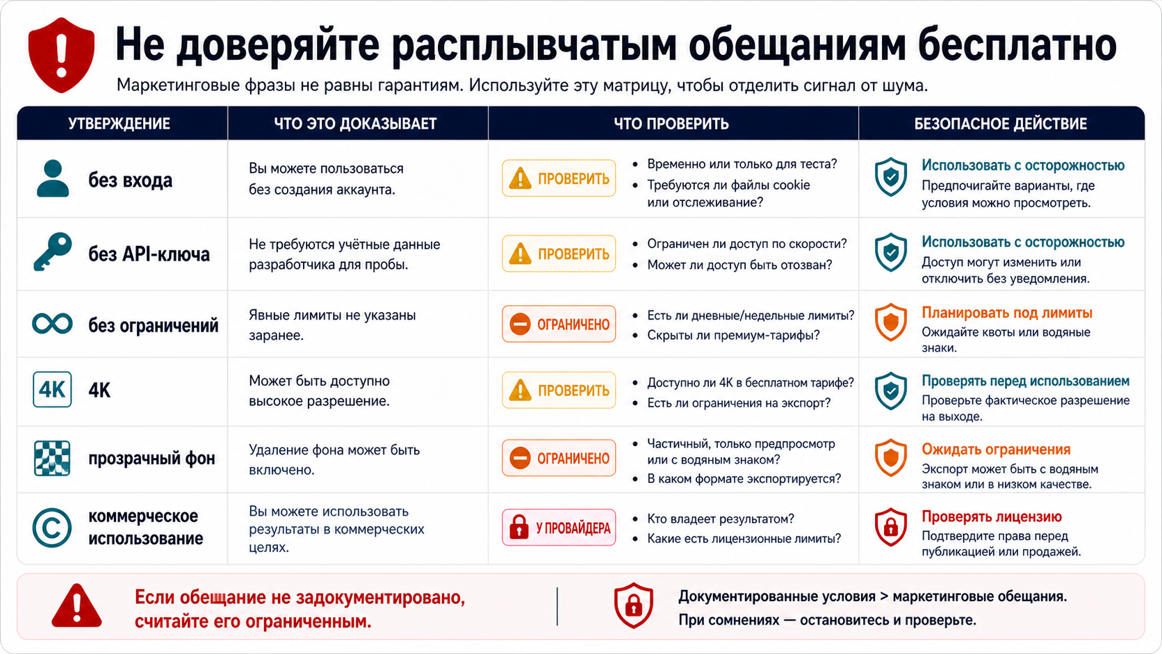 Матрица проверки no-login, no-key, unlimited, 4K, transparent background и commercial-use обещаний