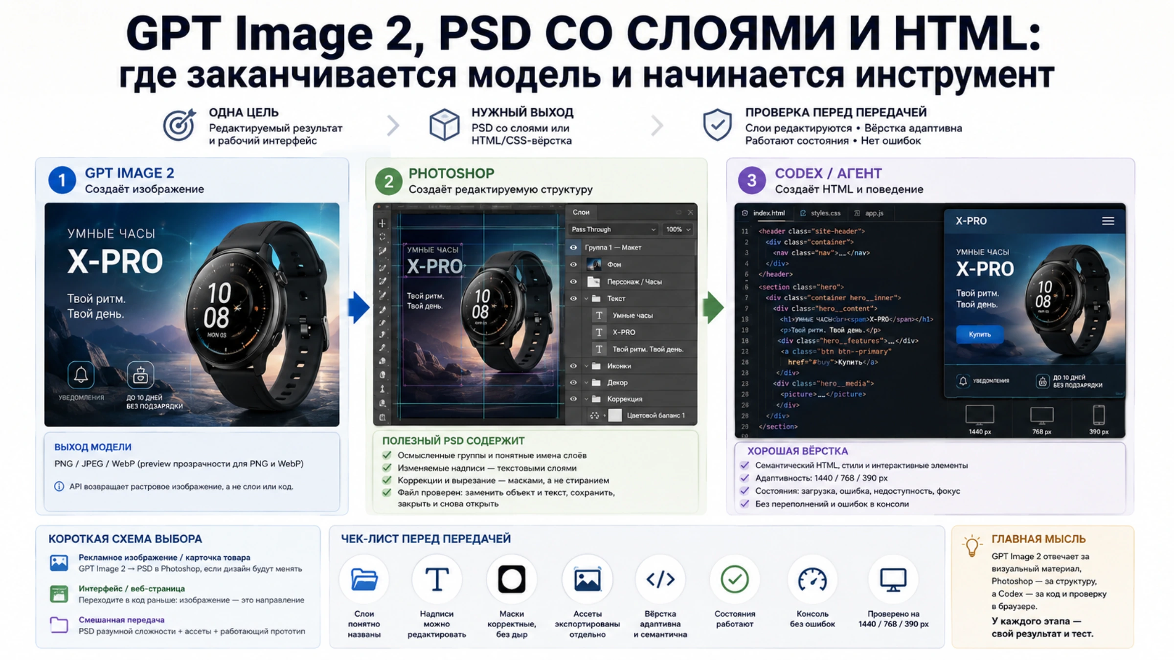 Схема на русском языке: GPT Image 2 создаёт изображение, Photoshop — редактируемый PSD, а Codex — адаптивную HTML/CSS-вёрстку с проверкой перед передачей.