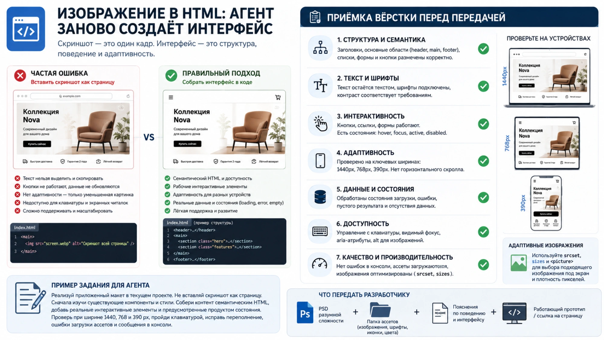 Сравнение ошибочной вставки скриншота как страницы и правильной HTML-реализации с семантикой, интерактивностью, адаптивностью и проверкой на трёх ширинах.