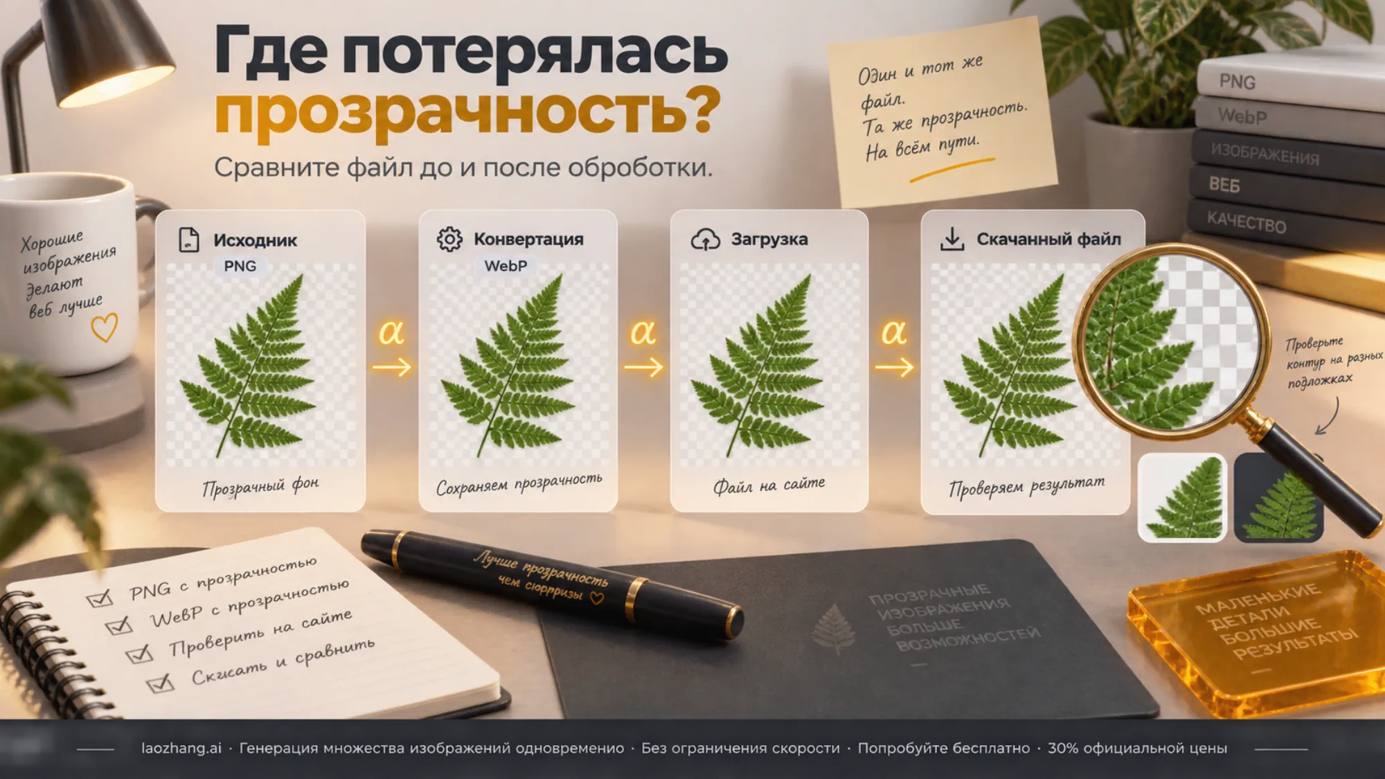 Лист папоротника на этапах сохранения, конвертации, загрузки и проверки скачанного прозрачного файла.
