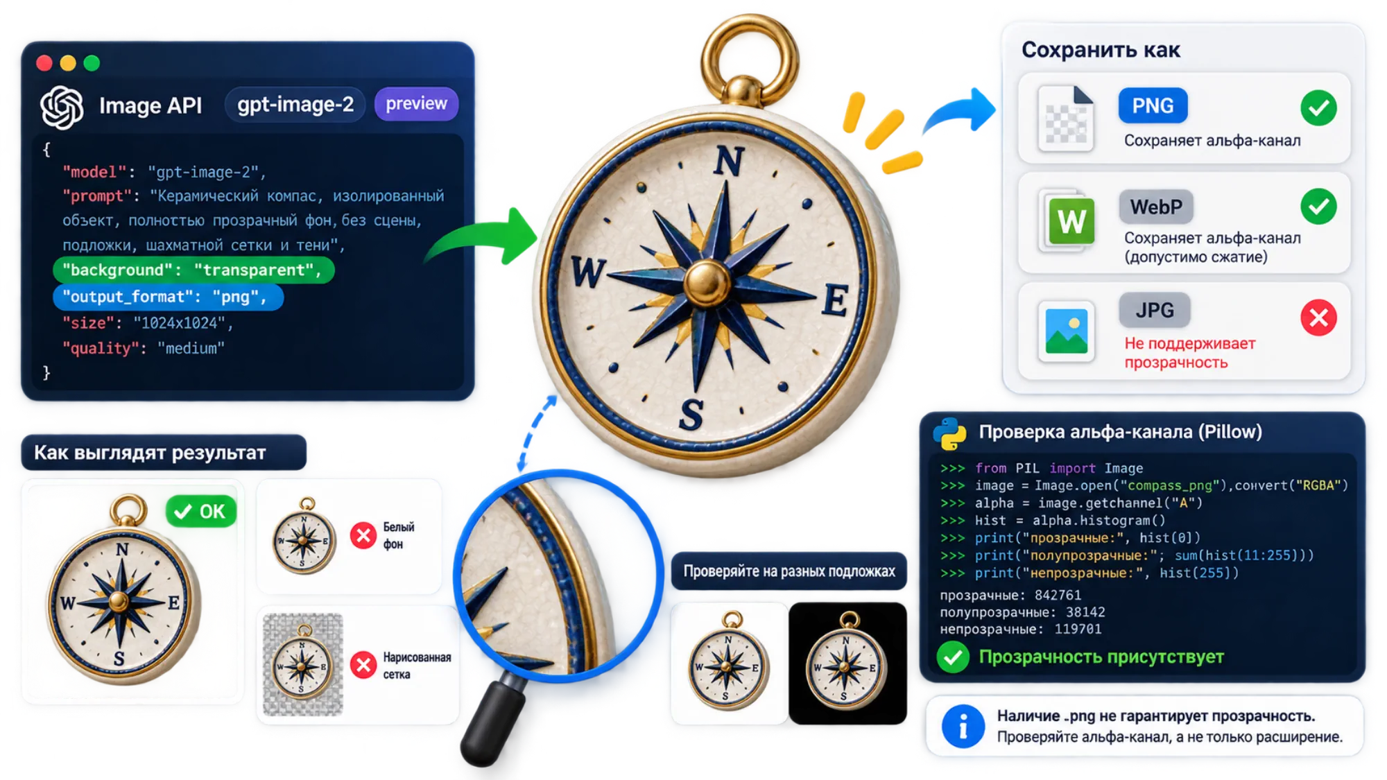 Запрос GPT Image 2, сохранение PNG или WebP и проверка прозрачных пикселей с Pillow, включая белый фон и нарисованную сетку.