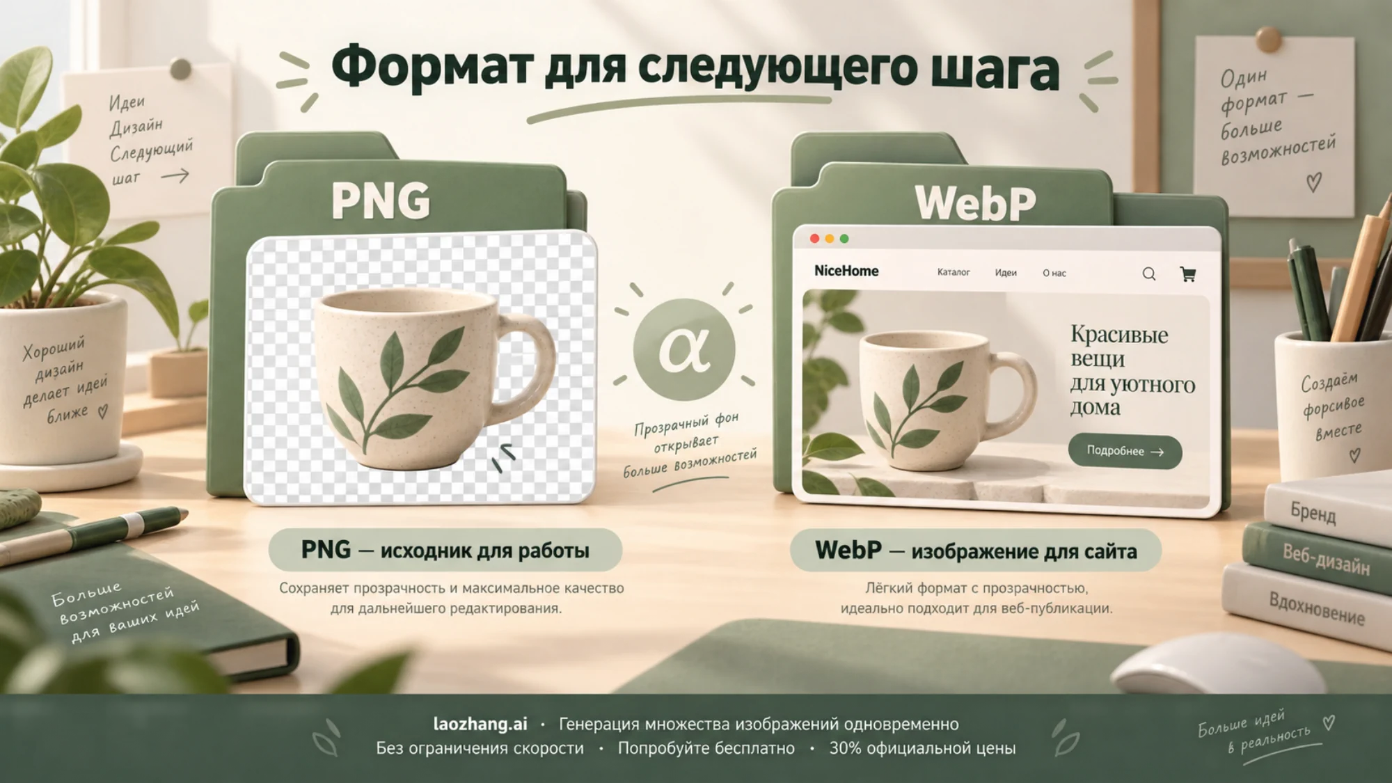 Керамическая чашка на карточке прозрачного PNG и в макете страницы с изображением WebP.