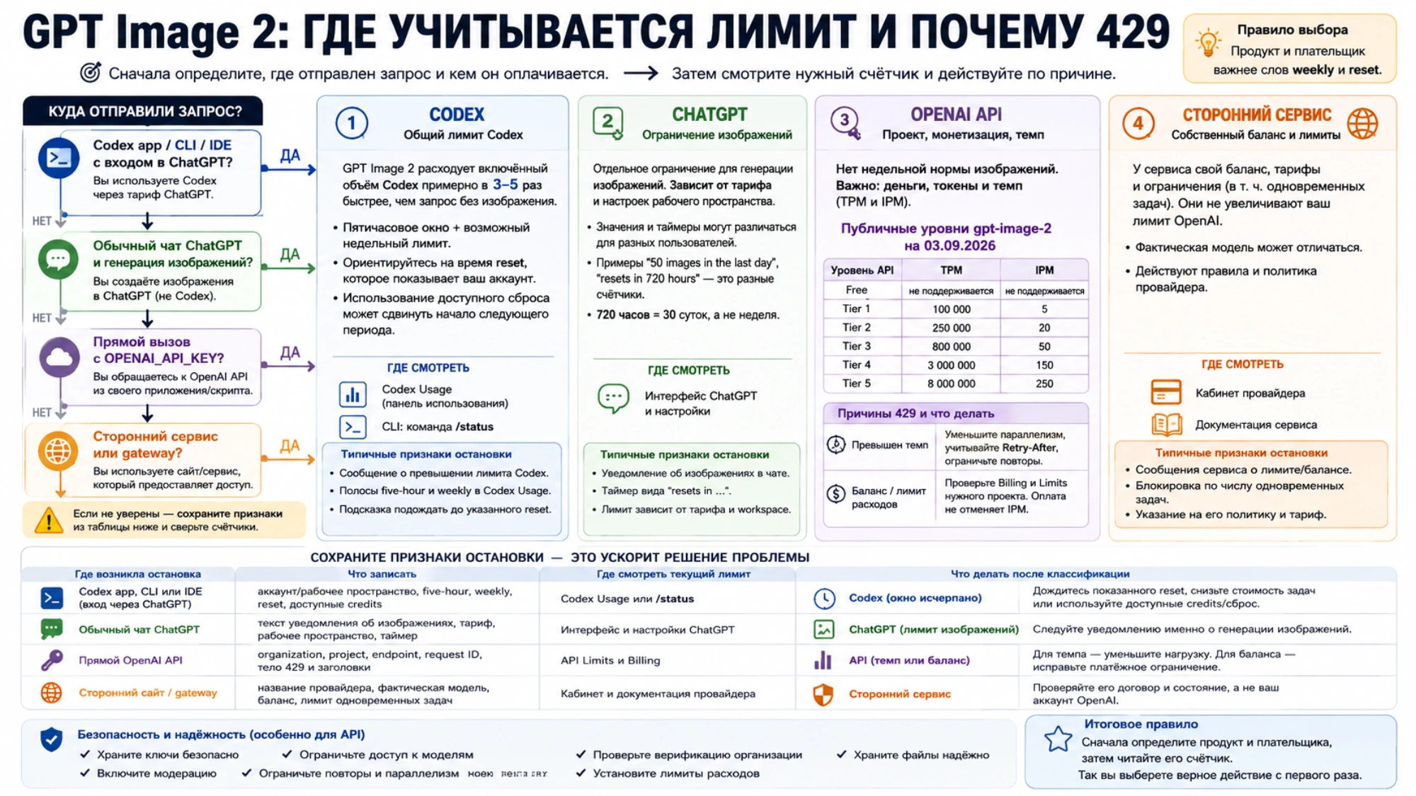 Схема диагностики лимита GPT Image 2 по месту запроса и способу оплаты с признаками Codex, ChatGPT, OpenAI API и стороннего сервиса и действиями после классификации.