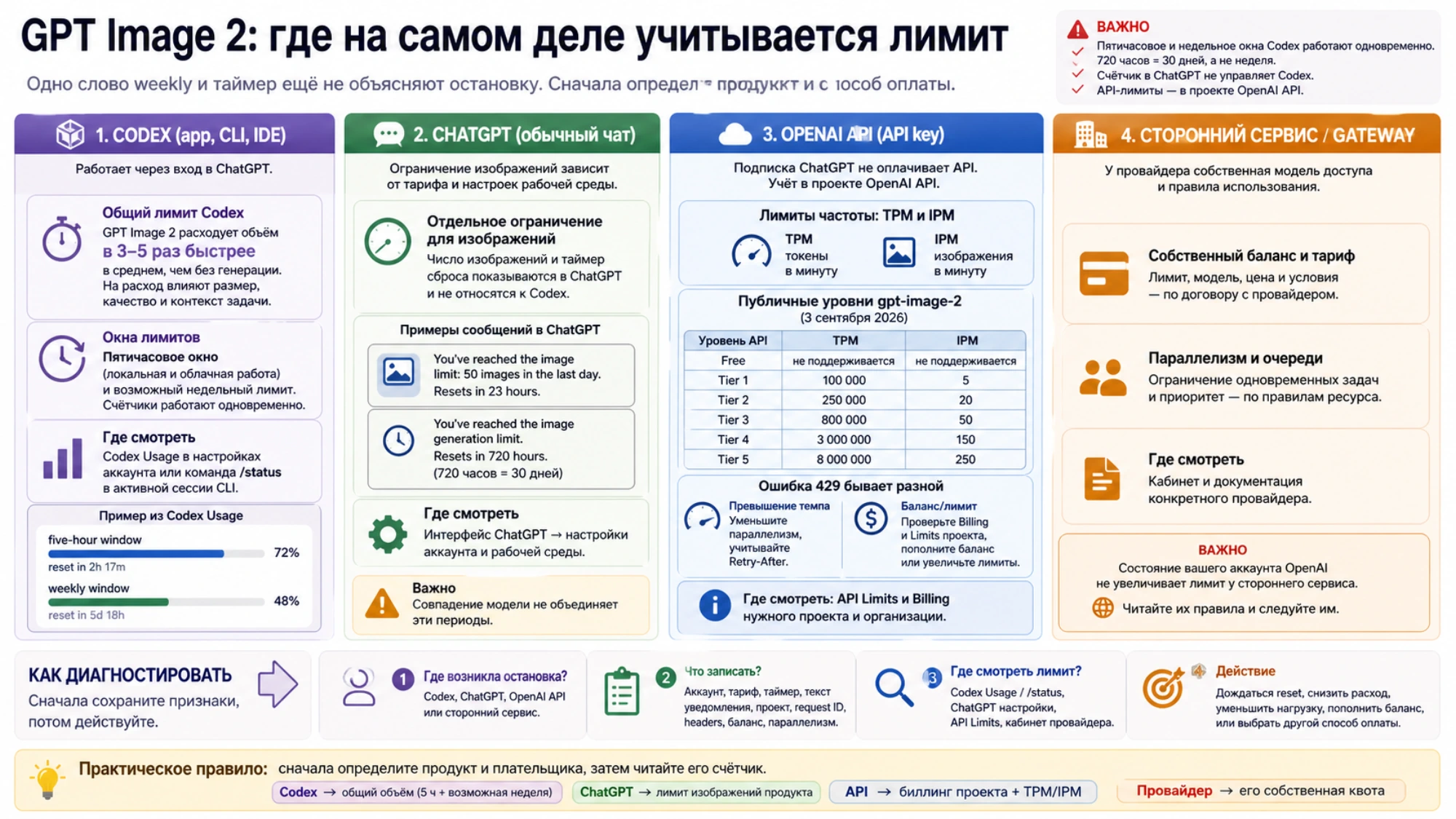 Сравнение четырёх способов учёта GPT Image 2: общий лимит Codex, ограничение изображений ChatGPT, TPM и IPM OpenAI API, а также квота стороннего сервиса.