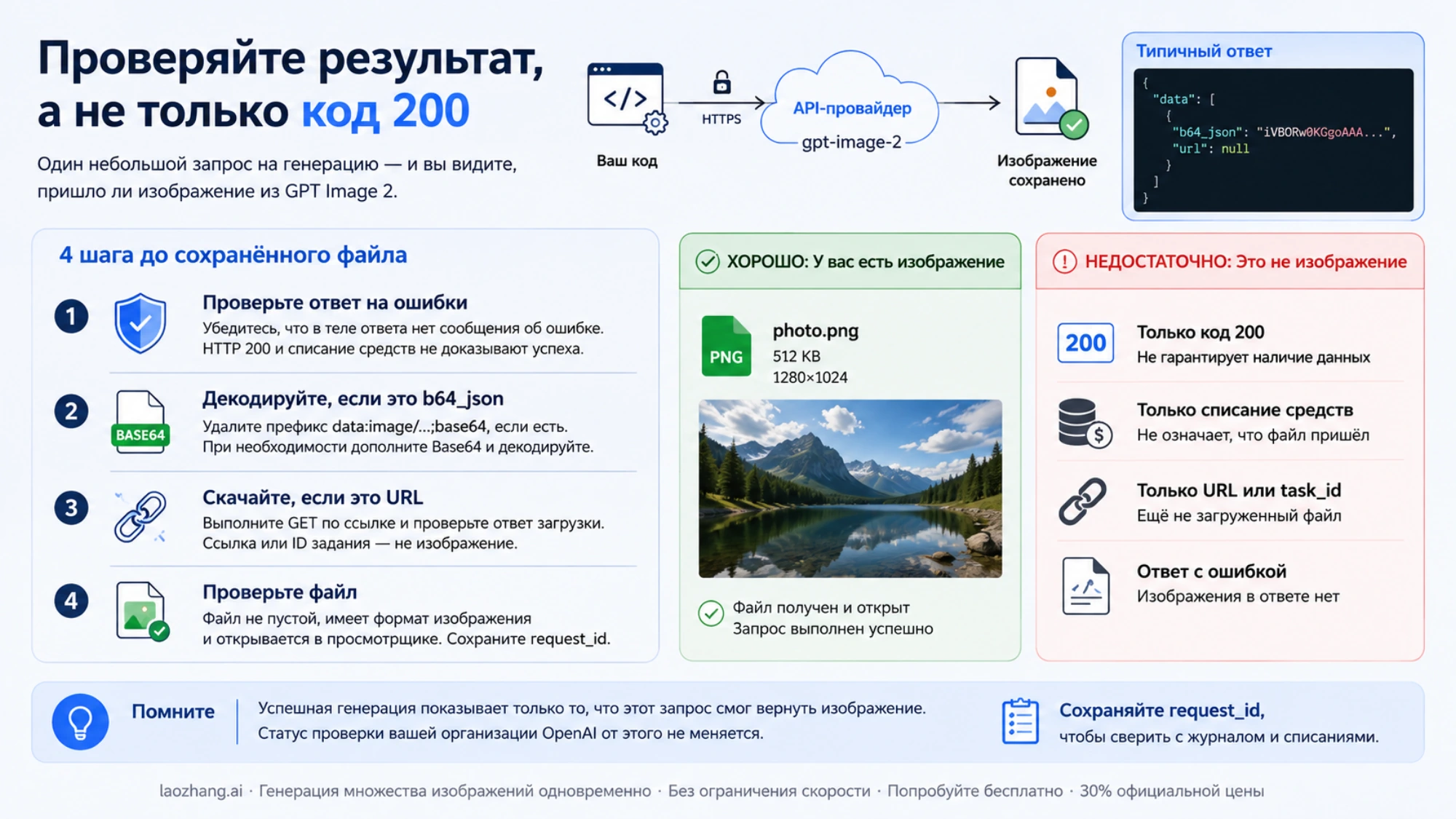 Четыре действия для получения файла: проверить ответ, декодировать Base64 или загрузить URL и открыть изображение