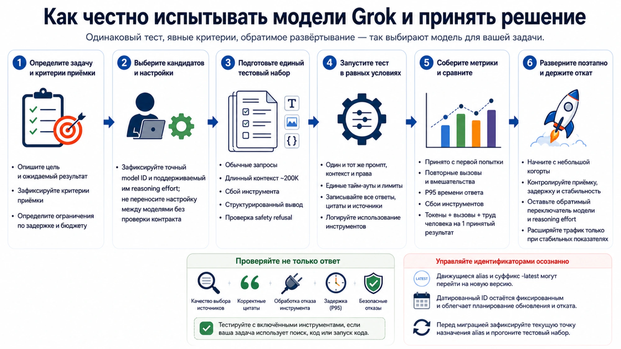 Шесть шагов честного испытания моделей Grok с одинаковыми условиями, метриками и обратимым развёртыванием