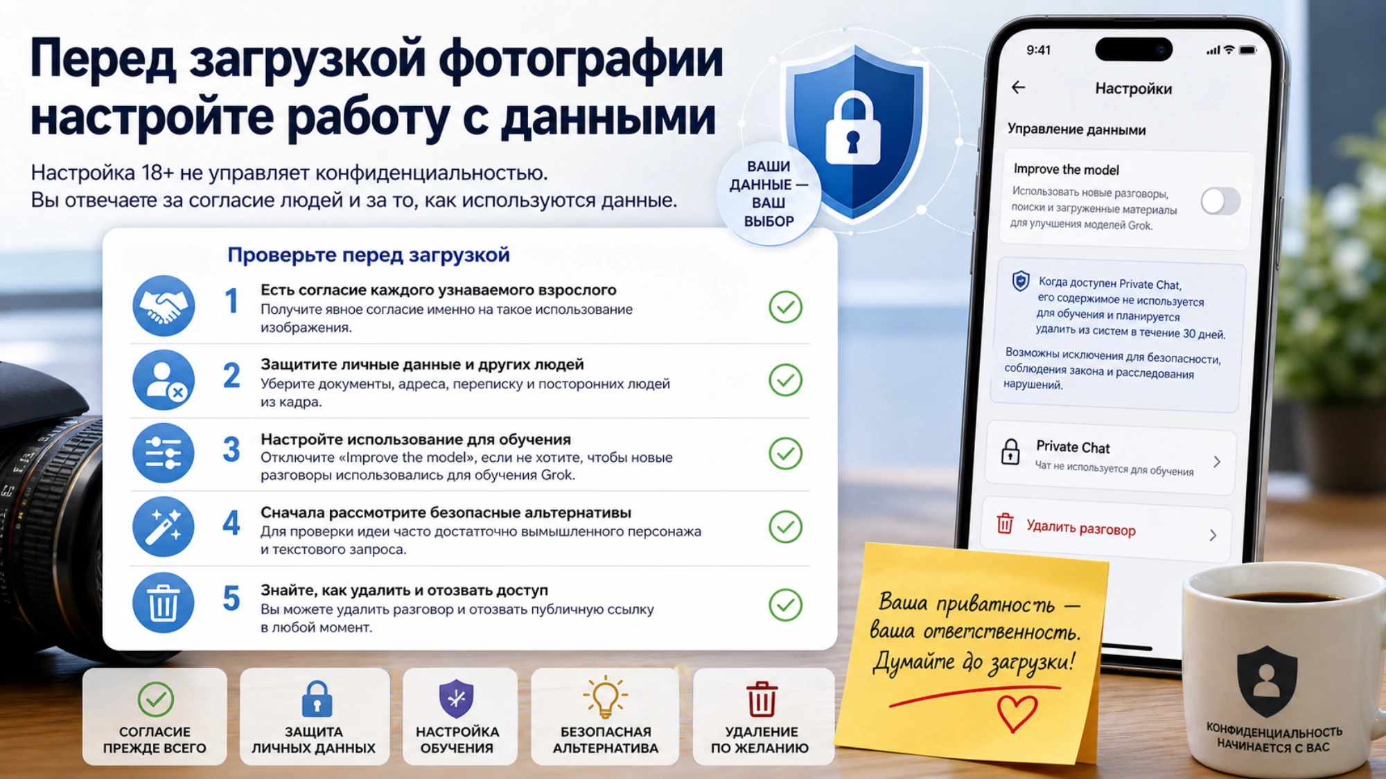 Русская проверка данных перед загрузкой фотографии в Grok: согласие, личная информация, обучение модели, Private Chat и удаление