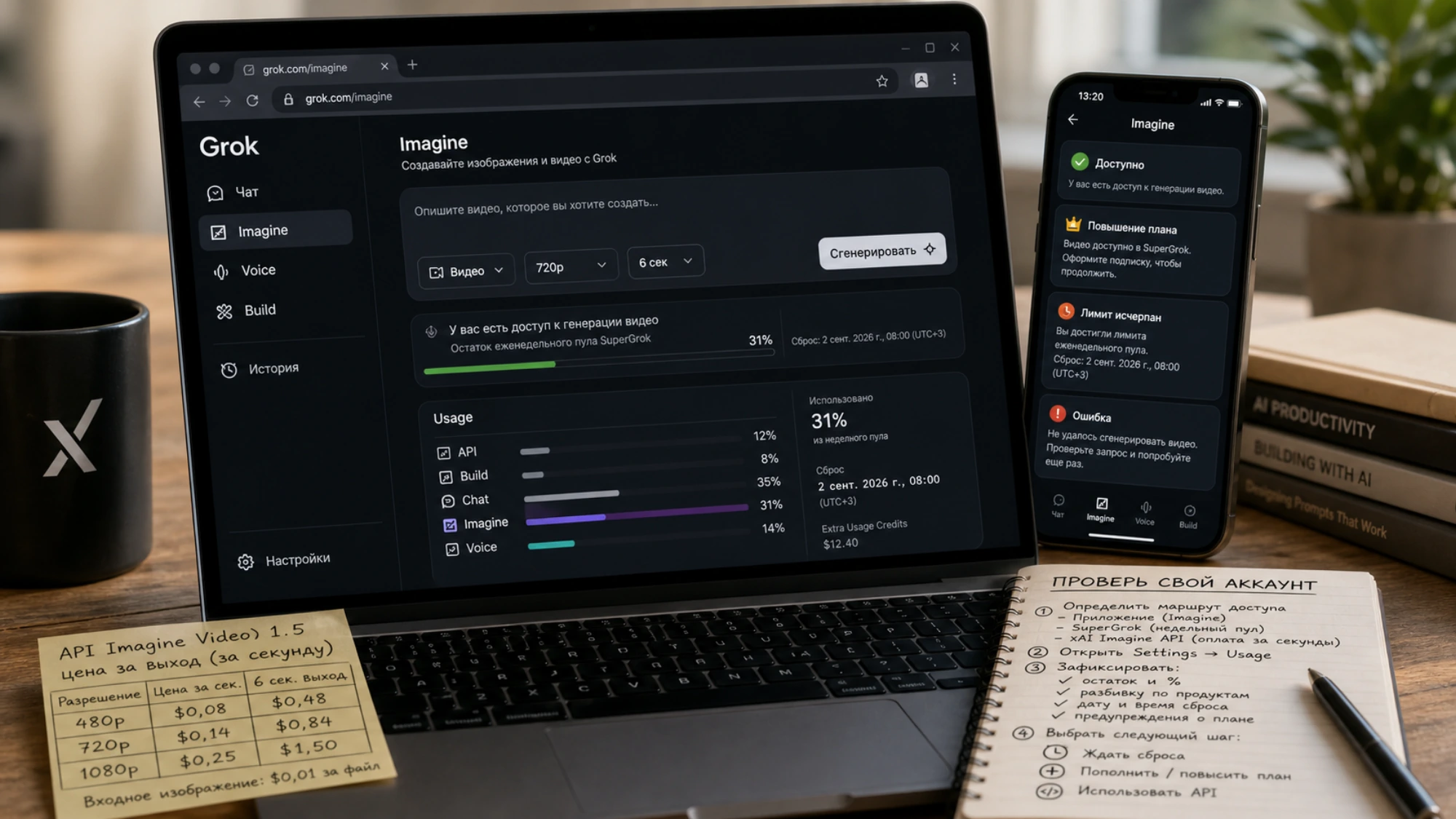 Практическая проверка Grok Imagine на компьютере и телефоне с панелью Usage, статусами доступа и заметками о цене API