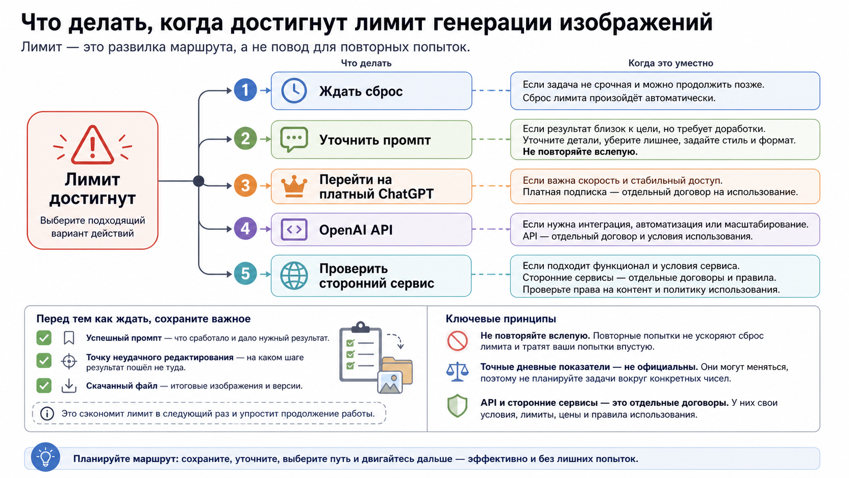 Схема действий после лимита изображений в ChatGPT: ждать, уточнить промпт, перейти на платный план, API или проверенный сервис.