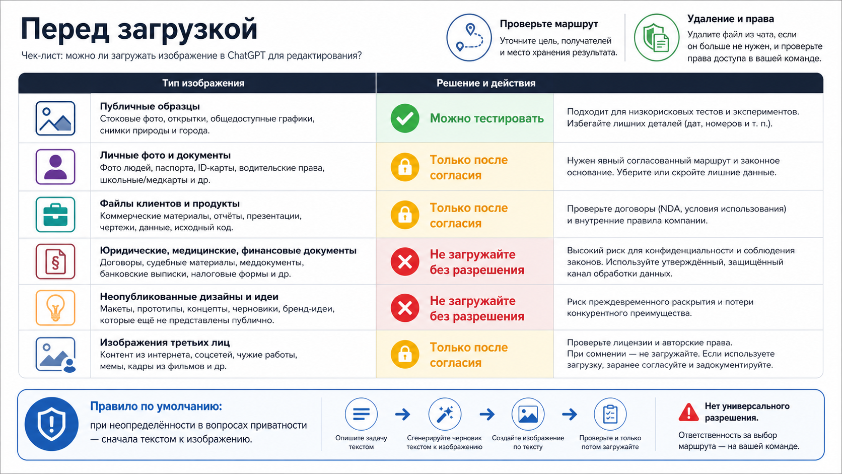 Проверка, какие личные, клиентские и конфиденциальные изображения нельзя загружать в ChatGPT без разрешенного маршрута.