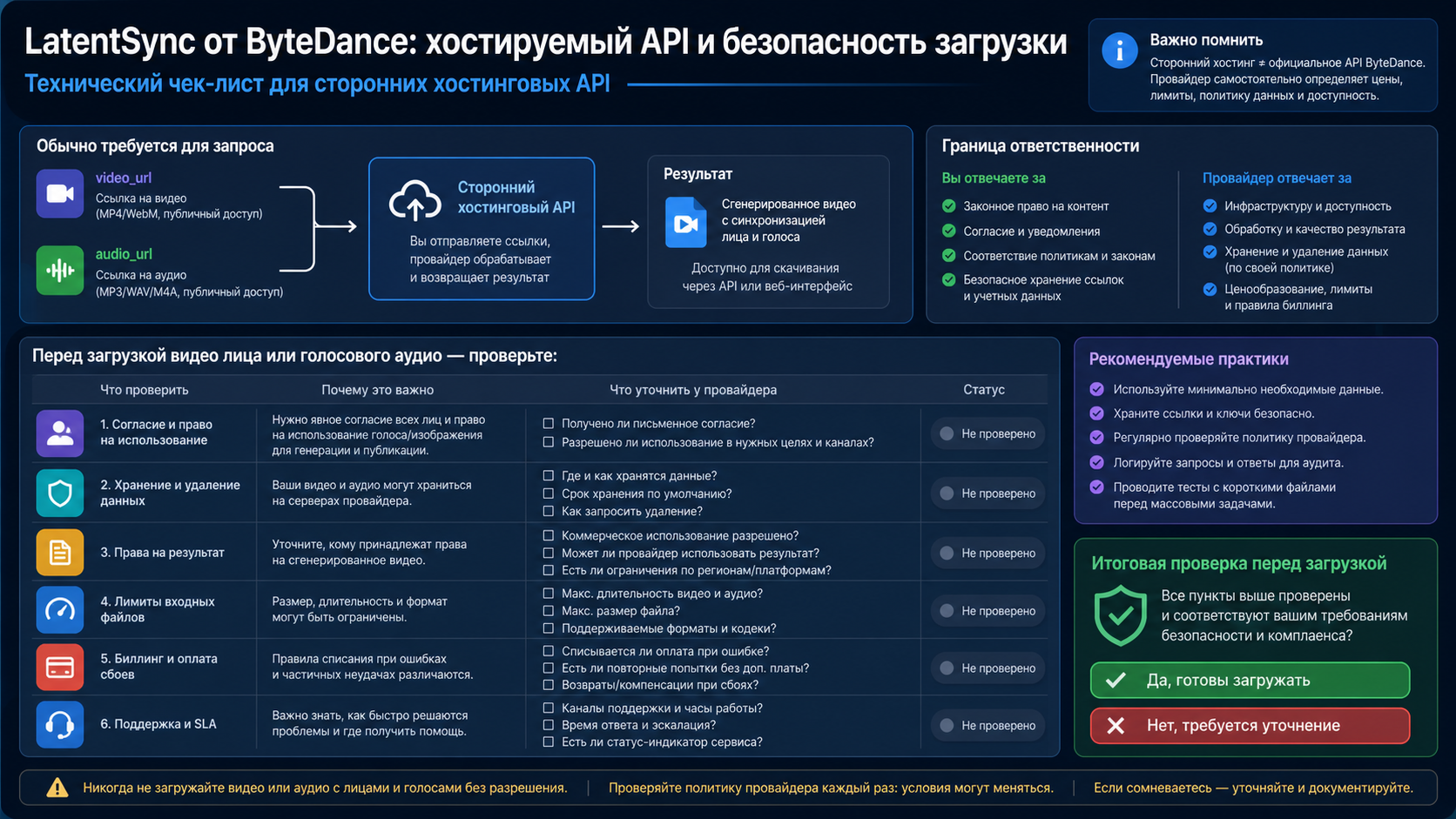 Чеклист безопасной загрузки видео и аудио для hosted API LatentSync