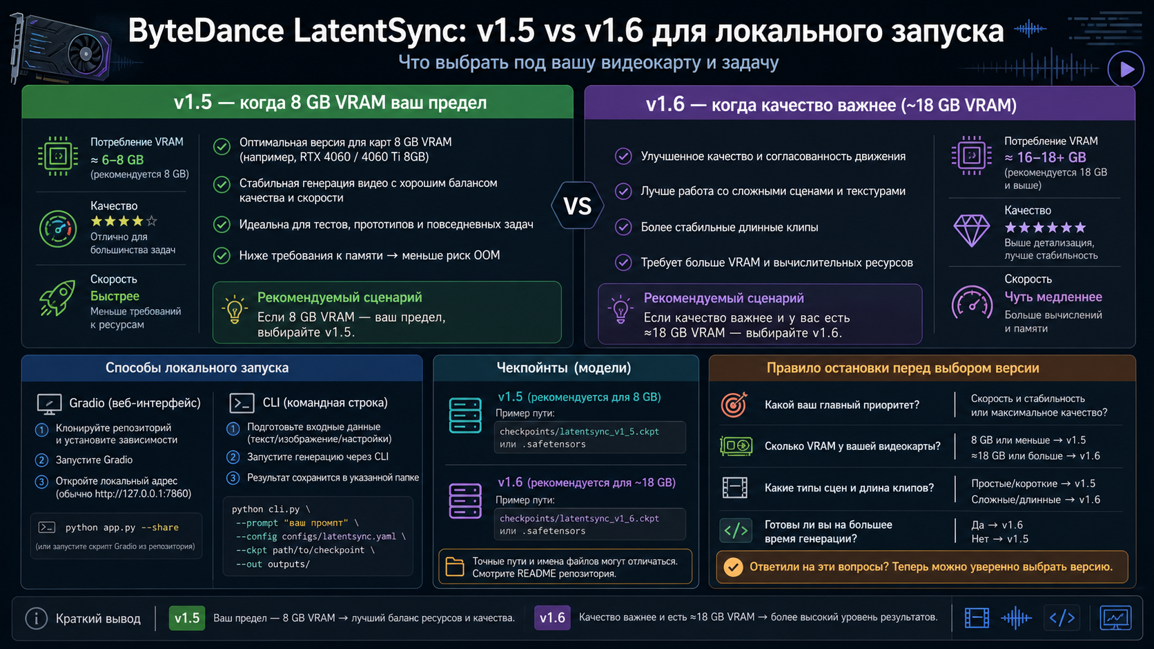 Панель выбора LatentSync v1.5 и v1.6 по VRAM и локальному запуску