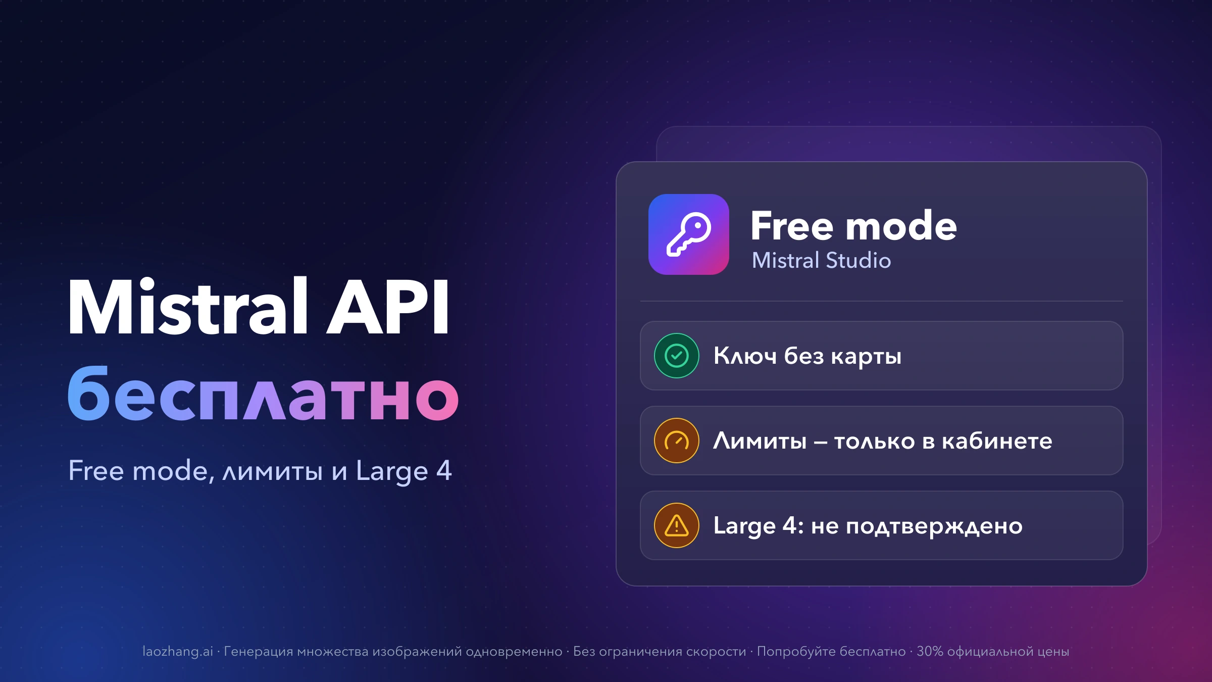 Карточка Free mode с ключом: ключ без карты, лимиты только в кабинете, Large 4 не подтверждена