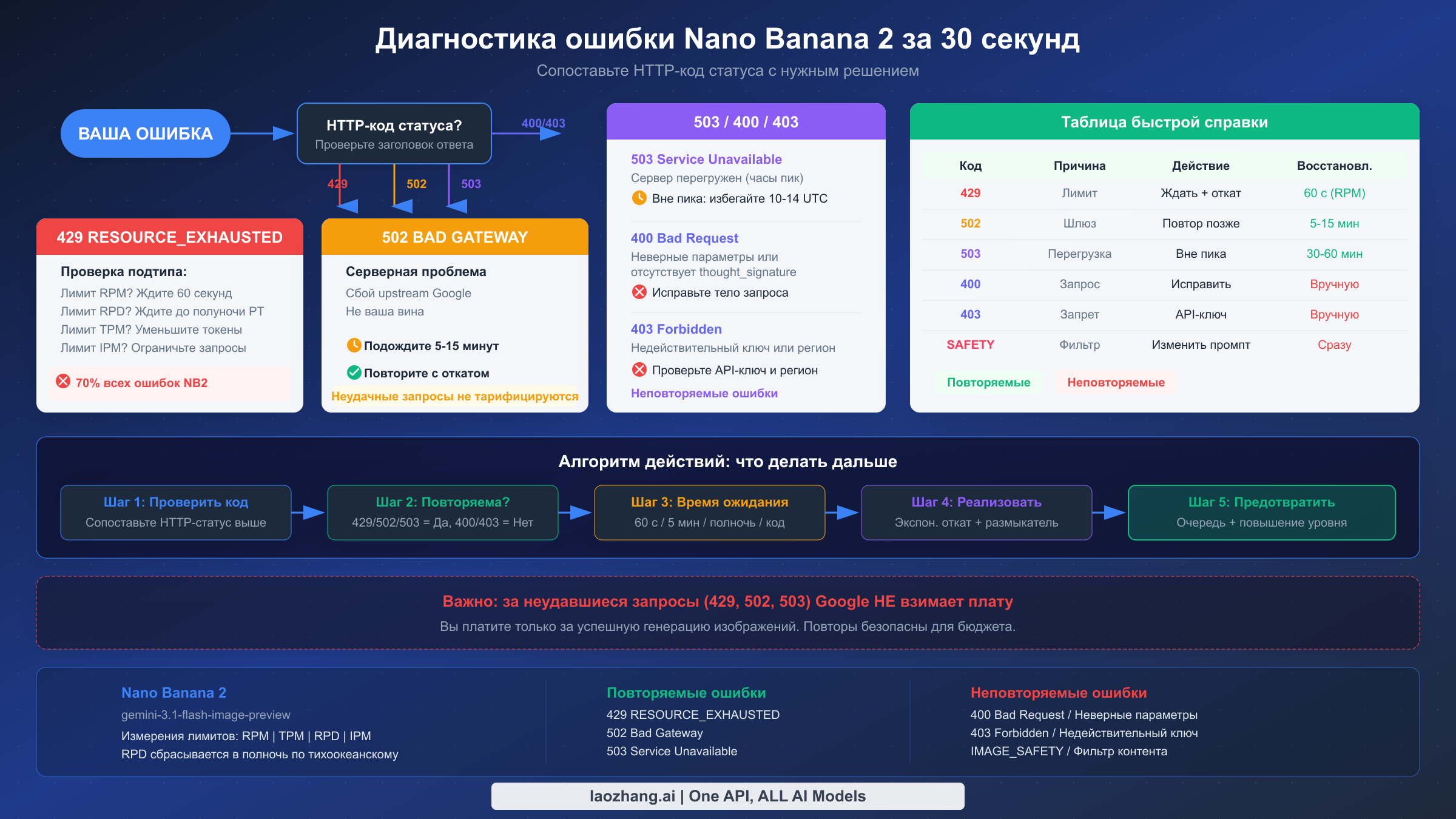 Блок-схема диагностики ошибок Nano Banana 2: определение и исправление ошибок 429, 502, 503, 400 и 403