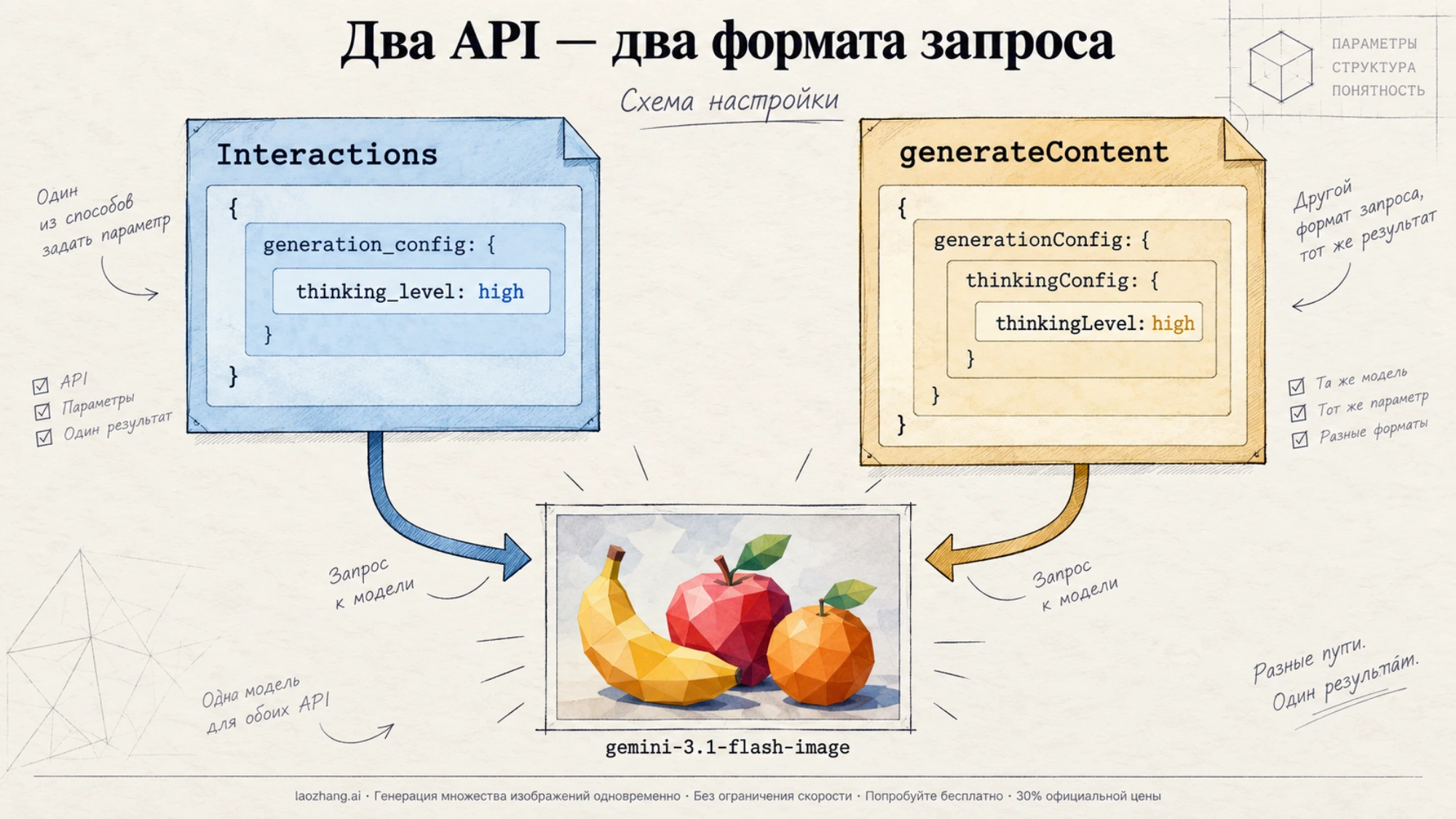 Схема вложенности параметра рассуждений в Interactions и generateContent