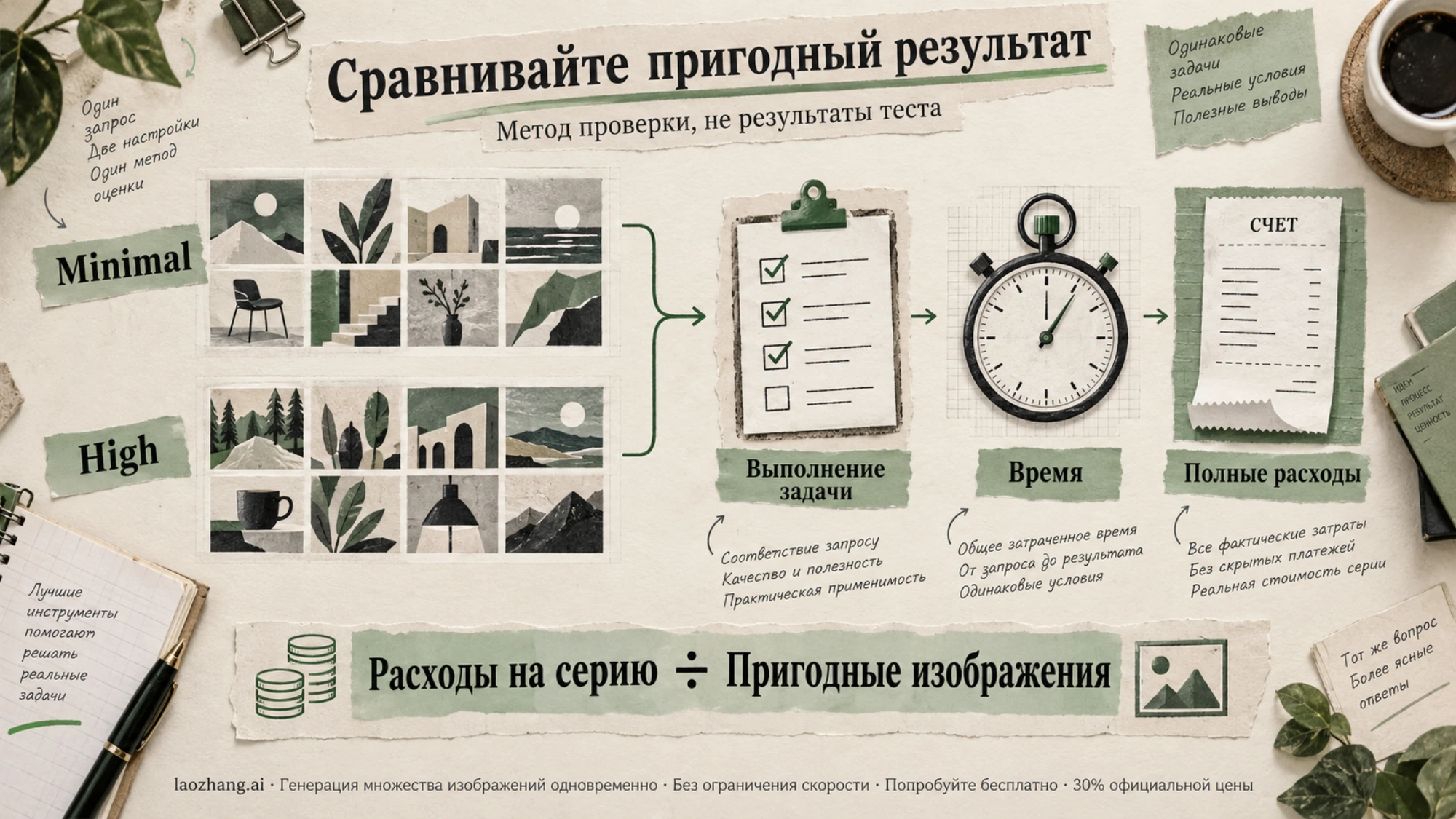 Иллюстрация сравнения Minimal и High по выполнению задачи, времени и полным расходам