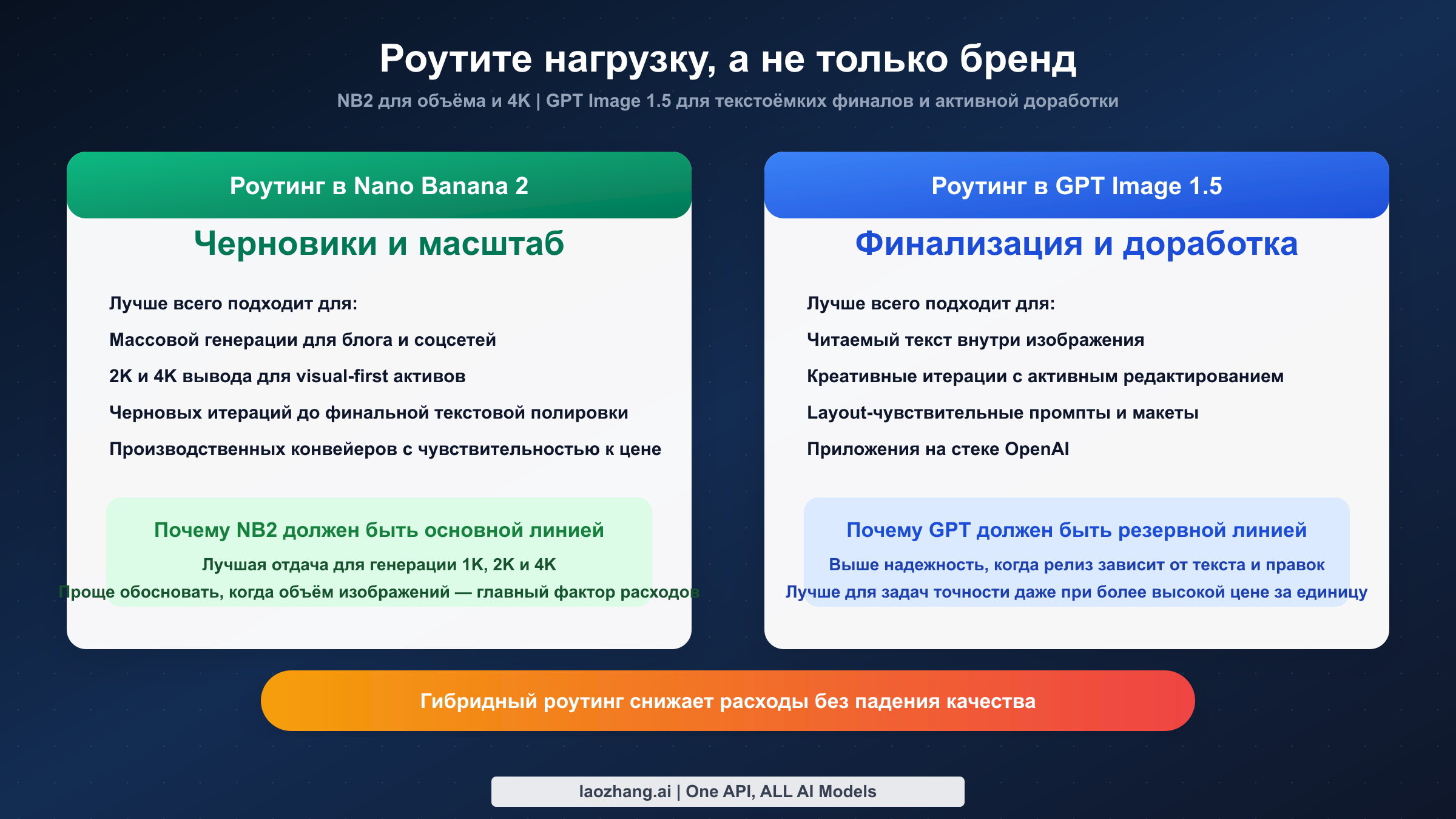 Схема роутинга: Nano Banana 2 для объёма и 4K, GPT Image 1.5 для текстоёмких и редактируемых финальных активов